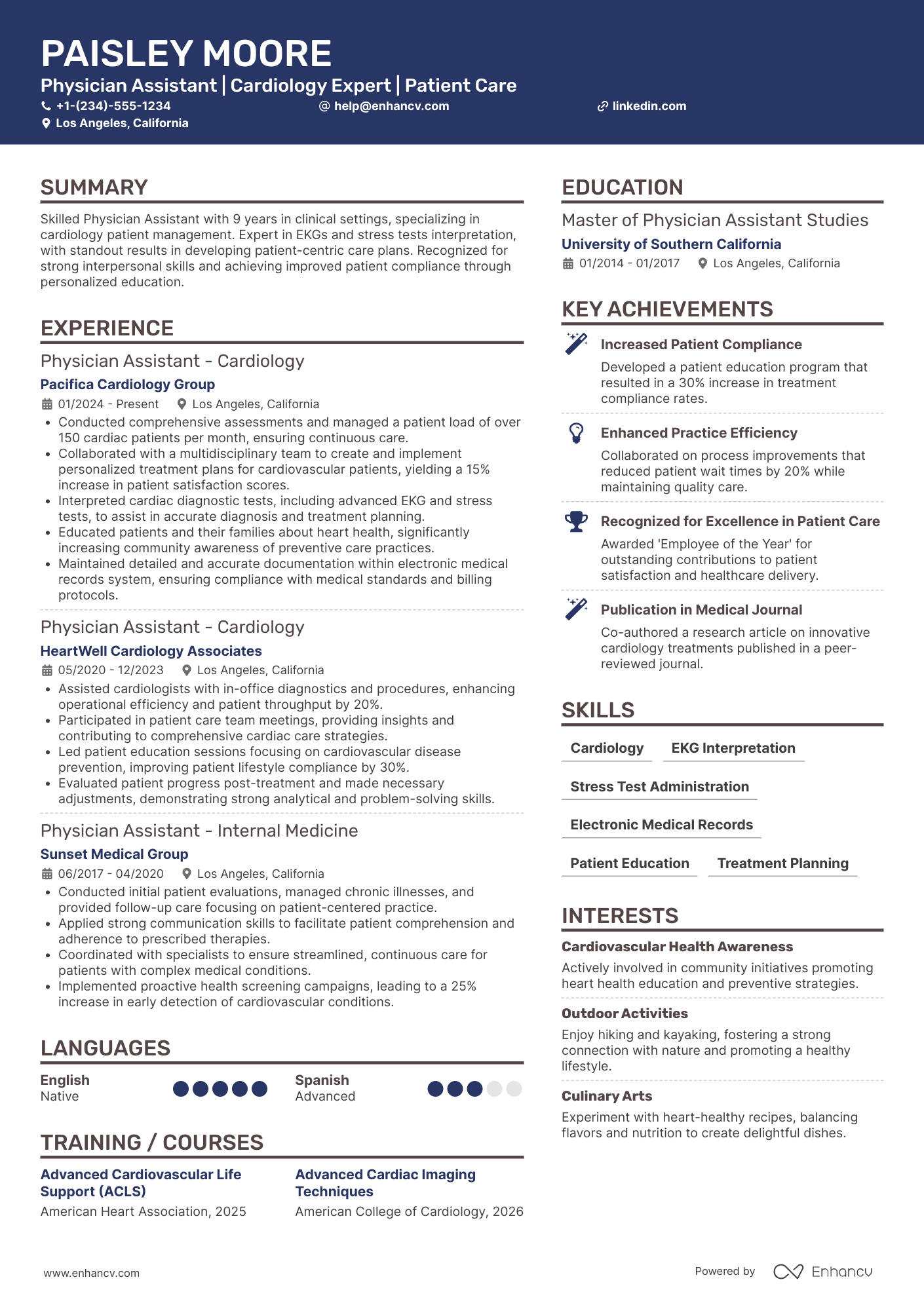 A resume example of a Physician Assistant   Cardiology