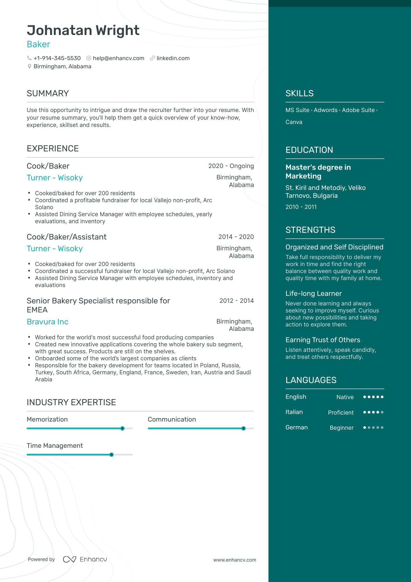 One Page Baker Resume Template
