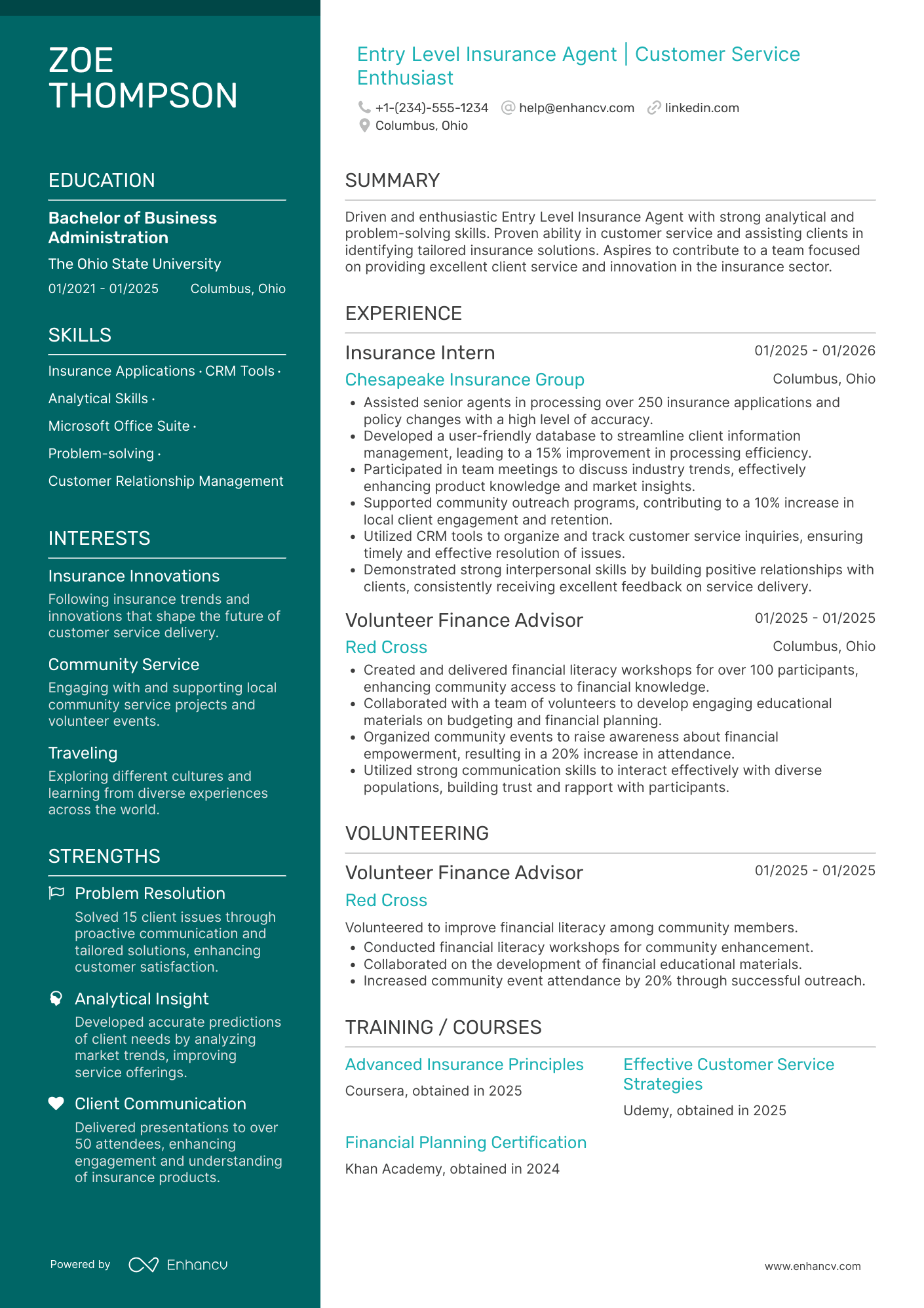 A resume example of a Entry Level Insurance Agent