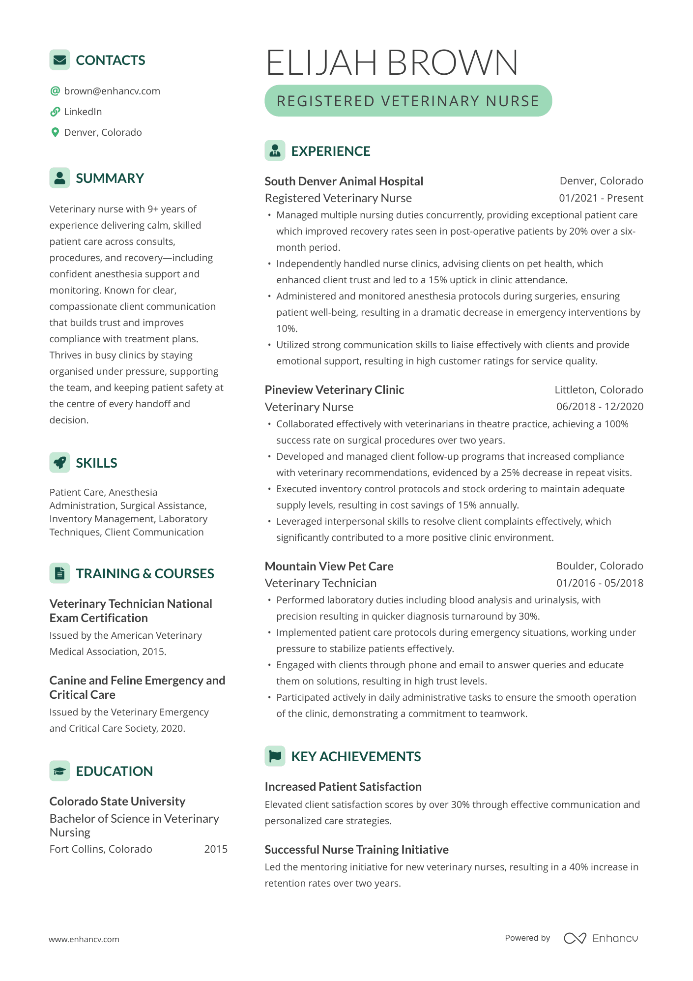 A resume example of a Veterinary Nurse