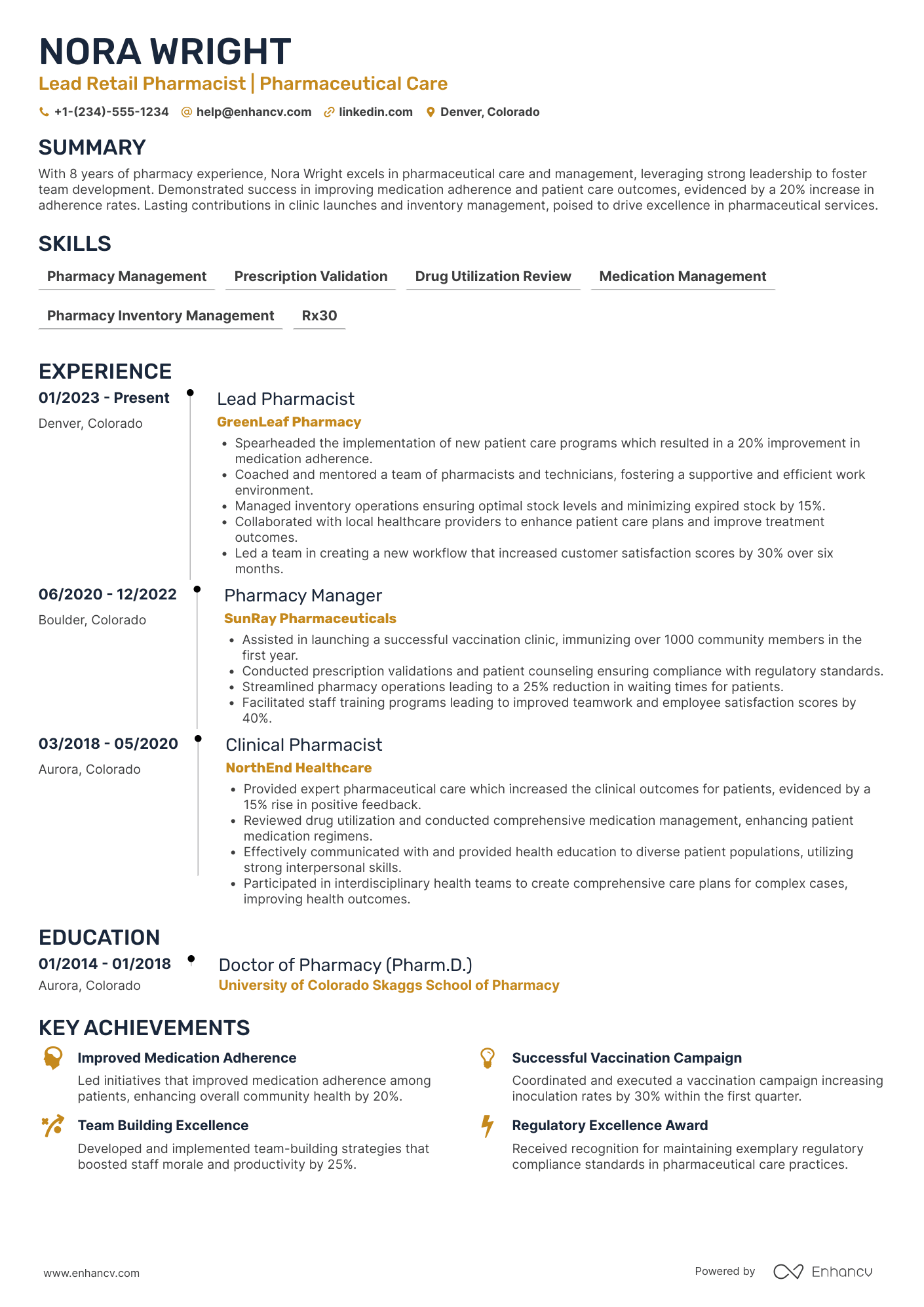A resume example of a Lead Retail Pharmacist