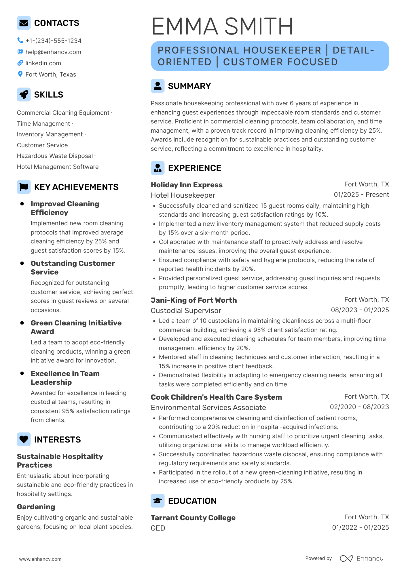 A resume example of a Hotel Housekeeping