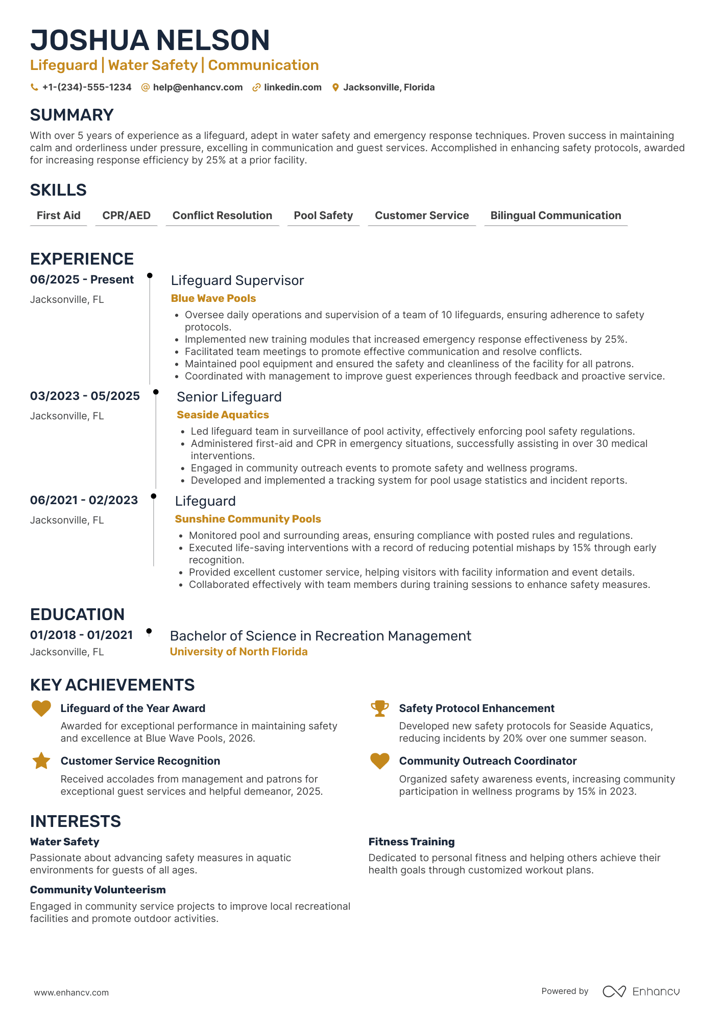 A resume example of a Part Time Lifeguard