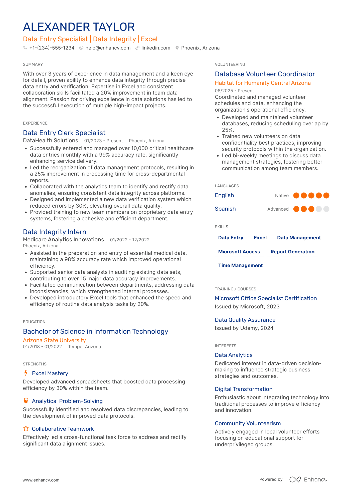 A resume example of a Data Entry Clerk Specialist