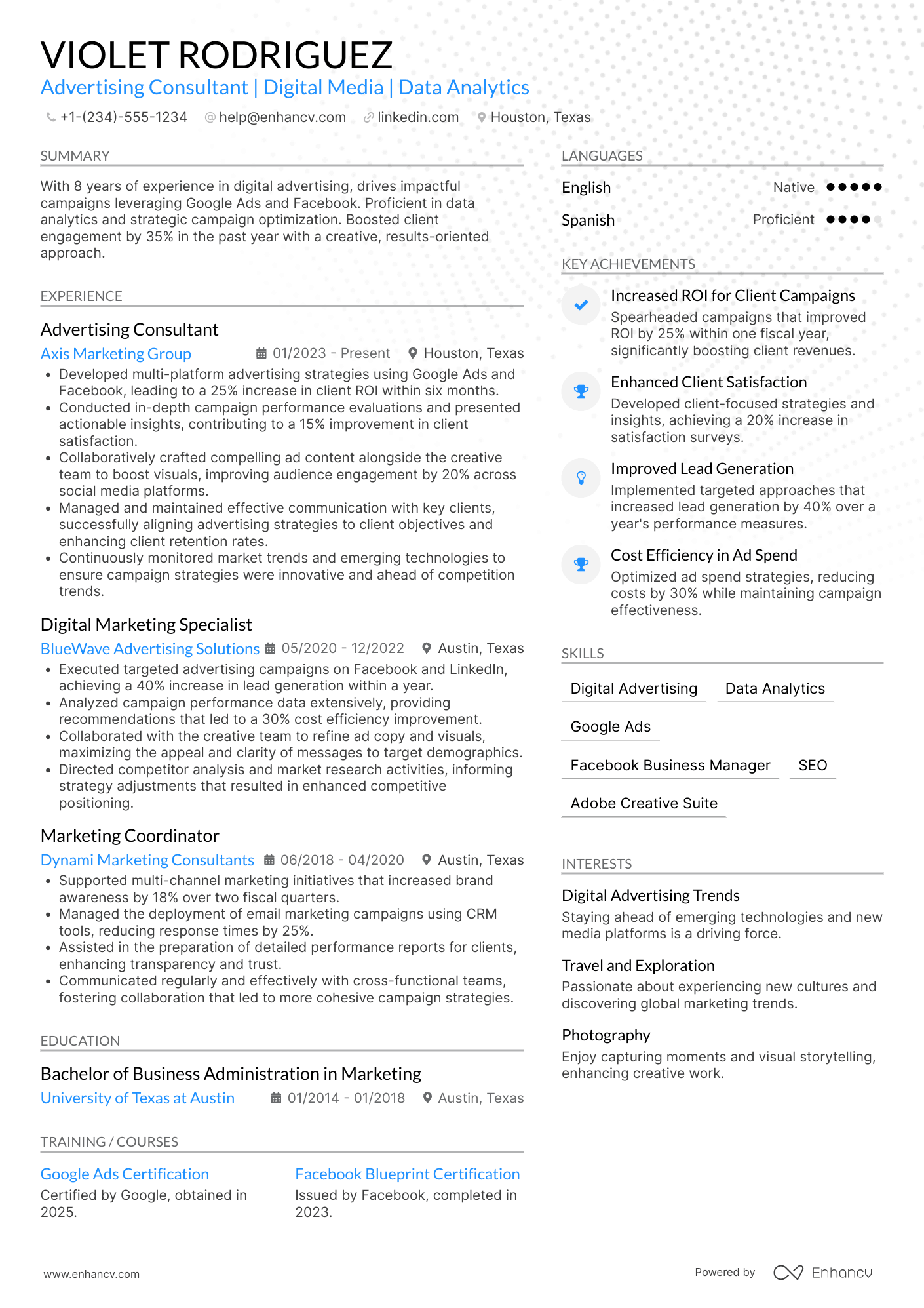 A resume example of a Mid Level Advertising Consultant