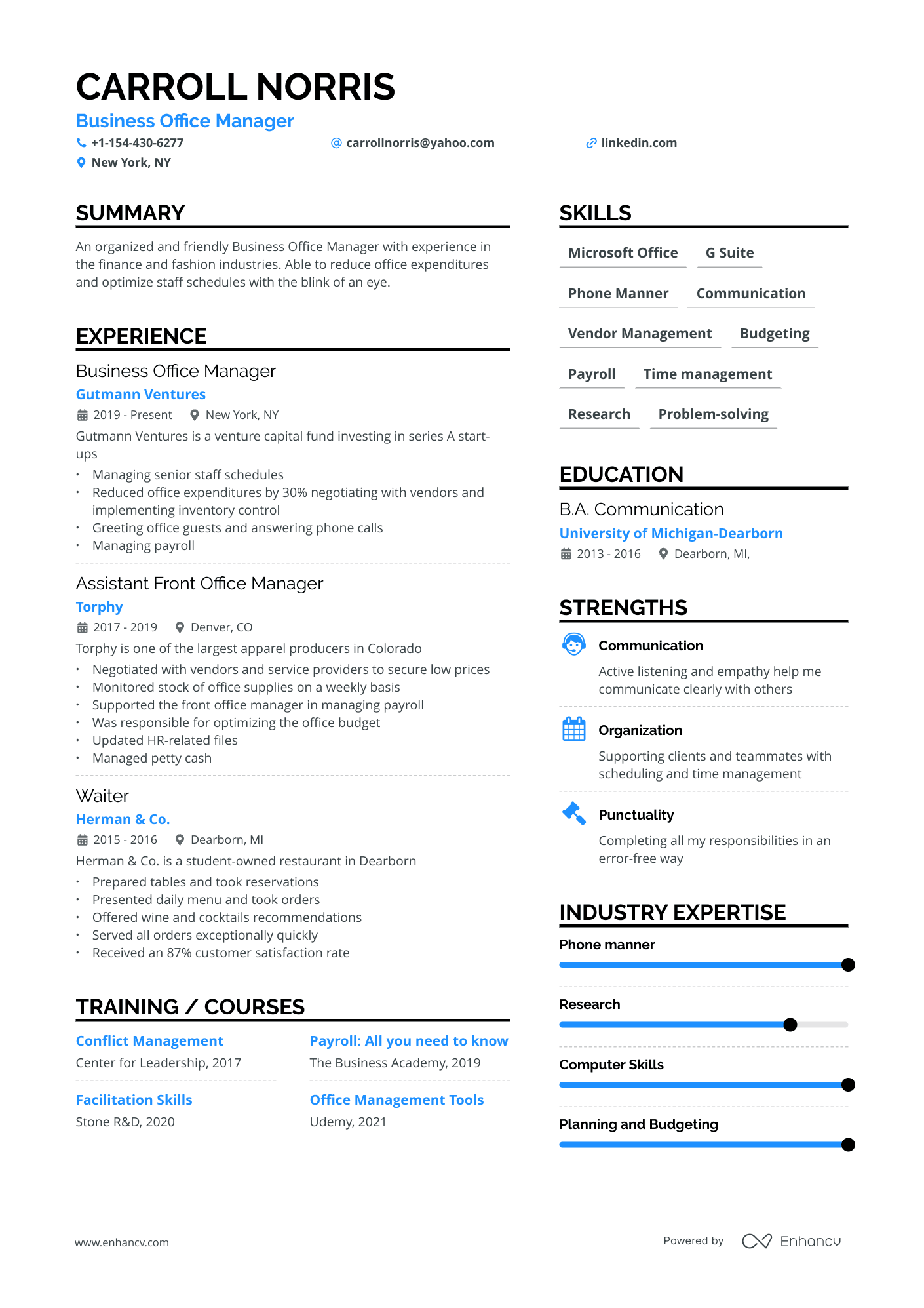 A resume example of a Business Office Manager