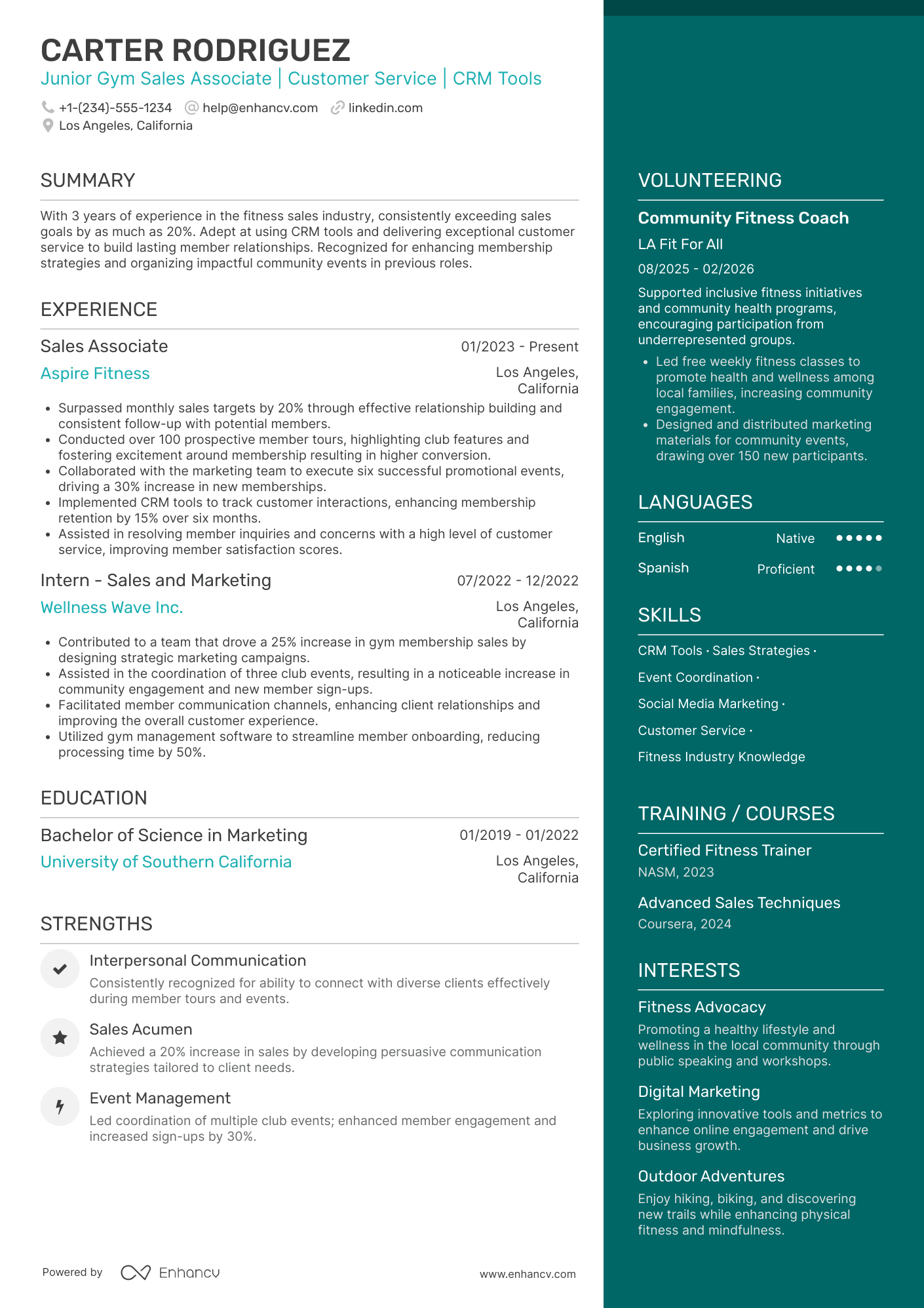 A resume example of a Gym Sales Associate