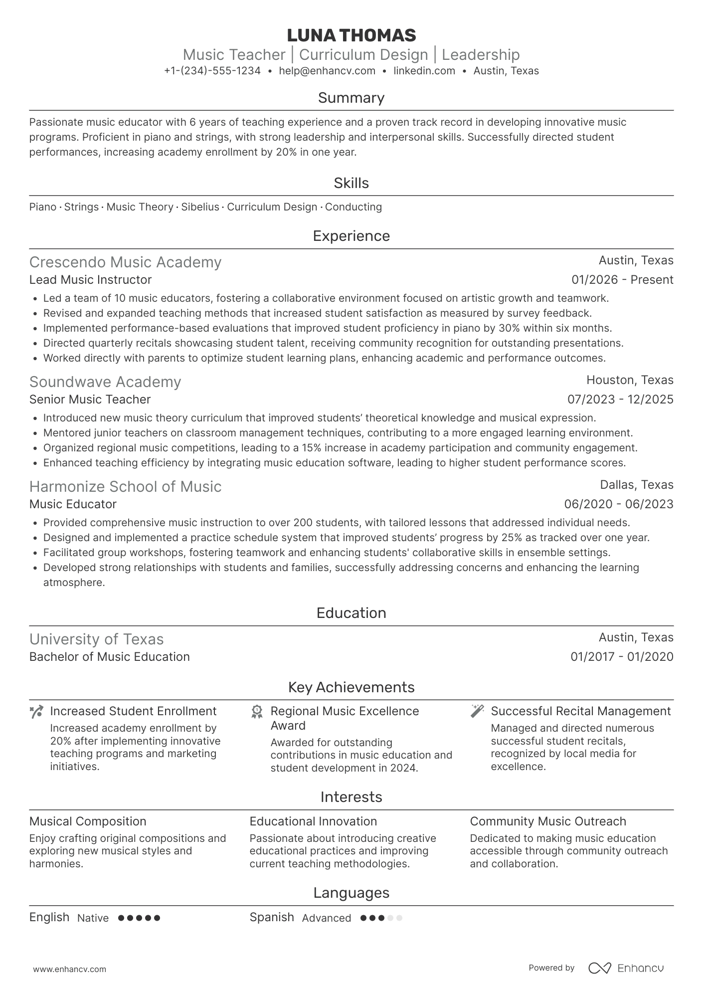 A resume example of a Head Music Teacher