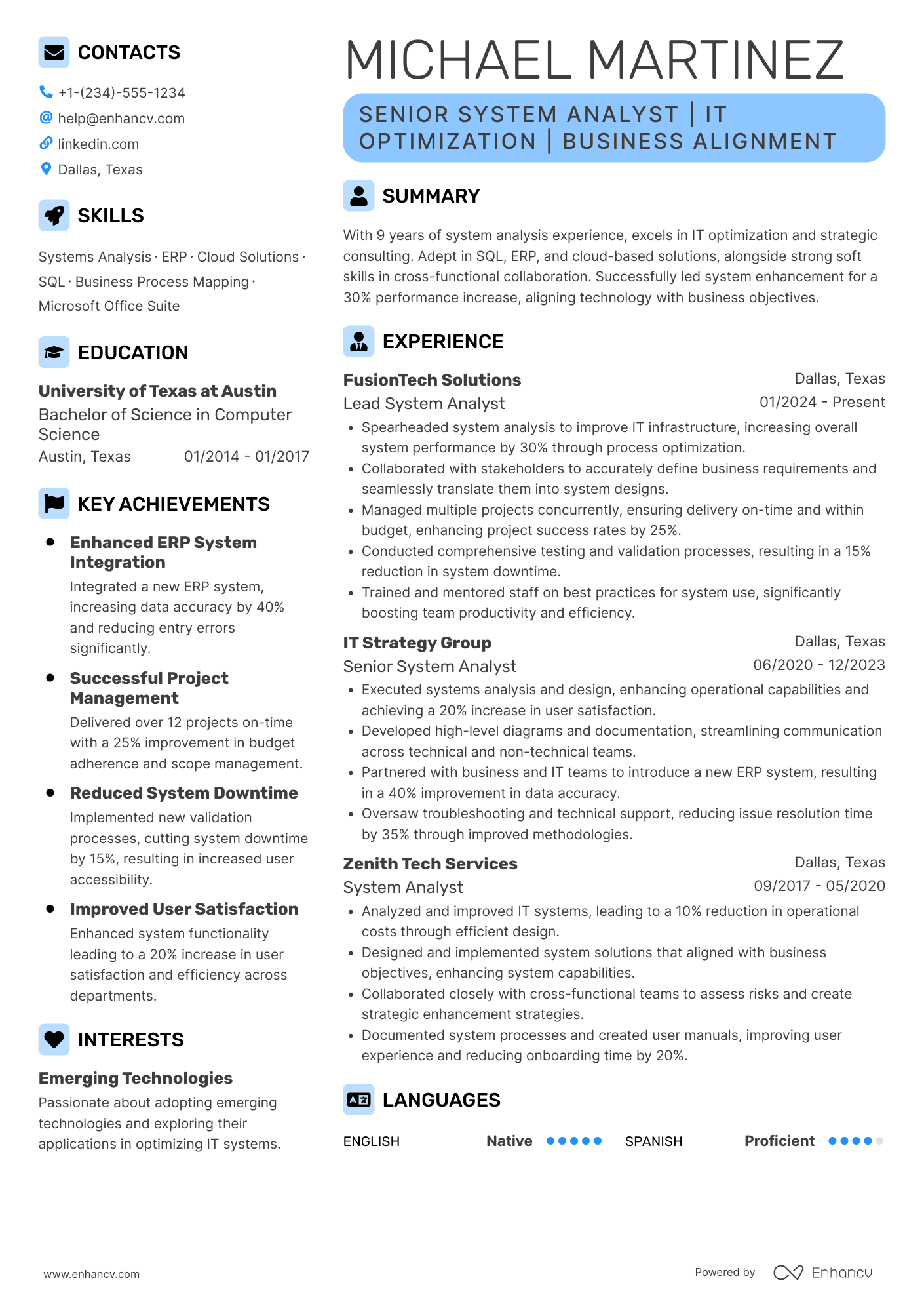 A resume example of a Senior System Analyst