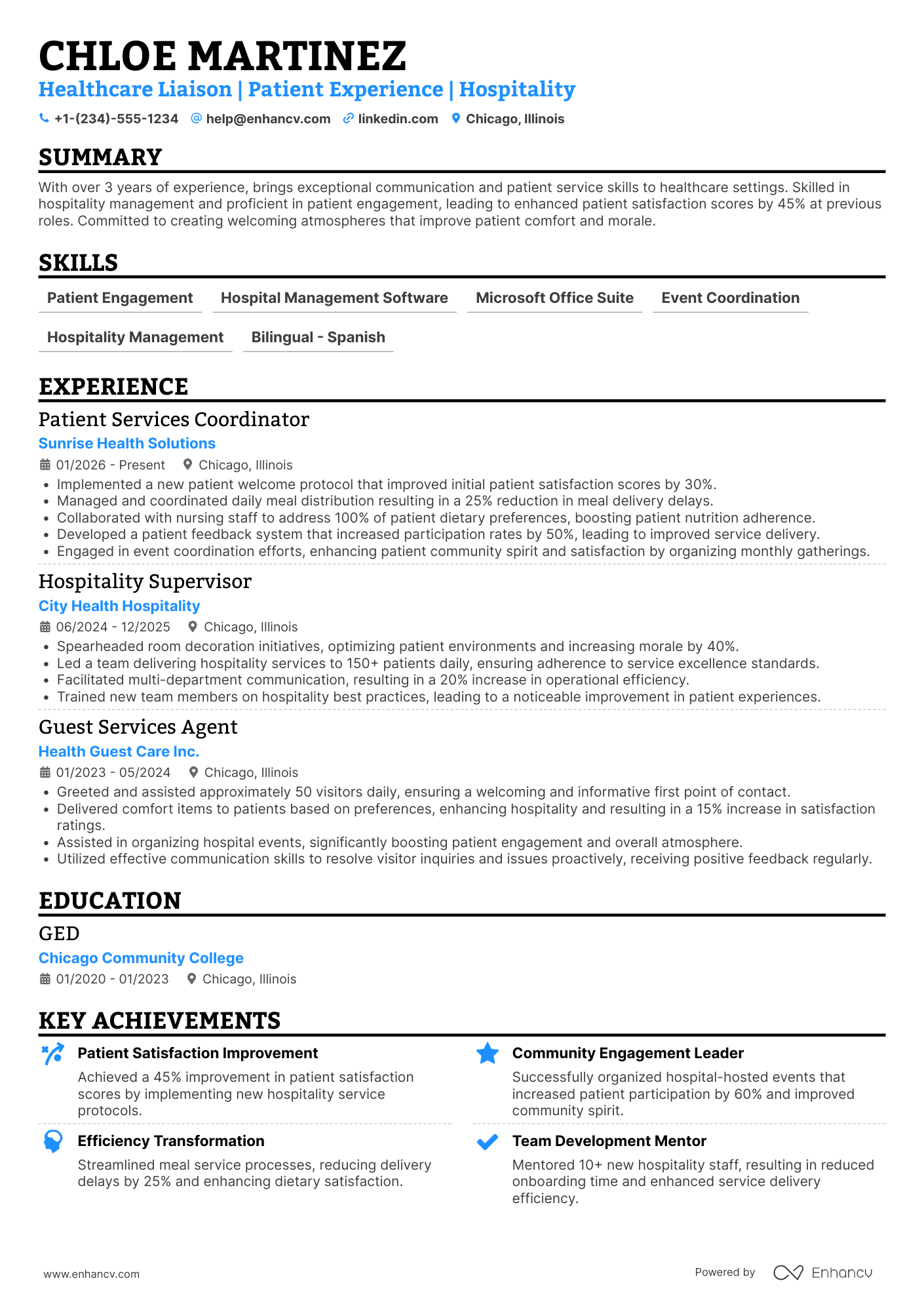 A resume example of a Hospital Hostess