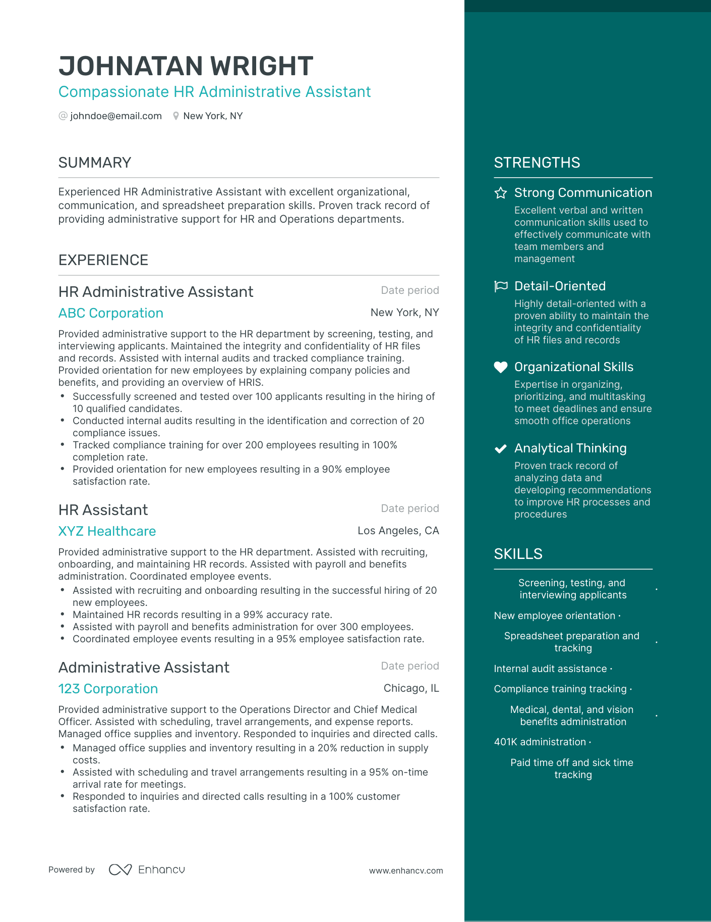 One Page HR Administrative Assistant Resume Template