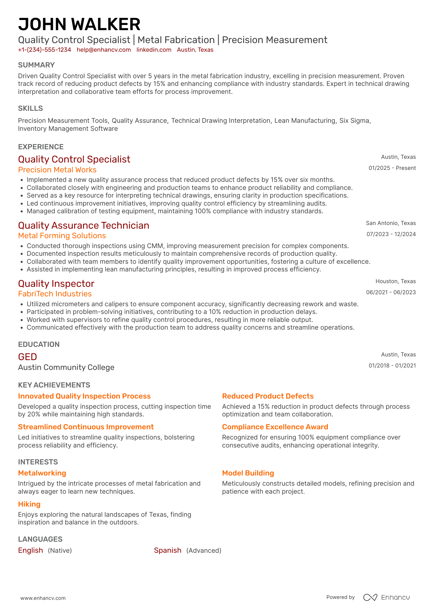 A resume example of a Factory Quality Control Worker