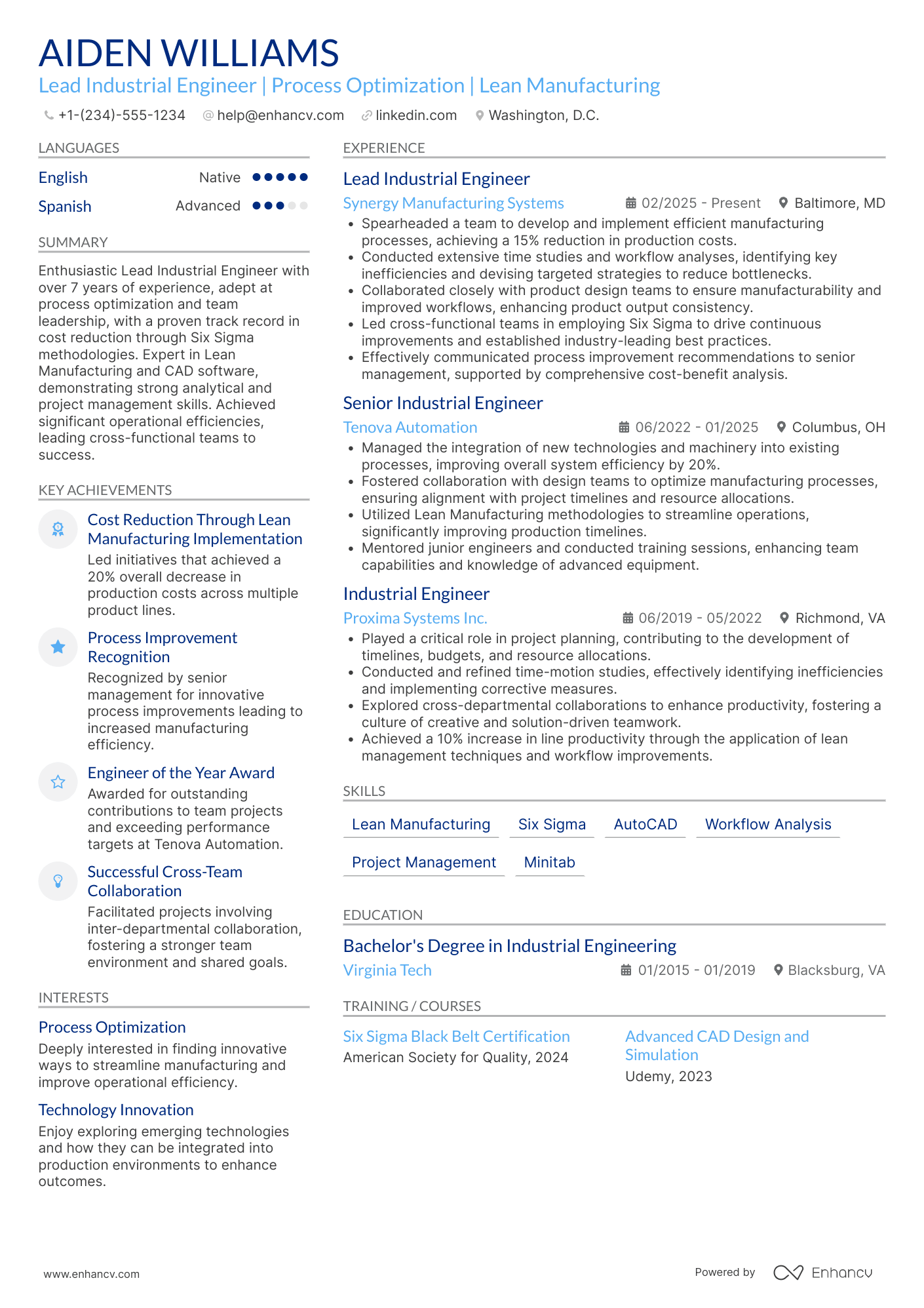 A resume example of a Lead Industrial Engineer