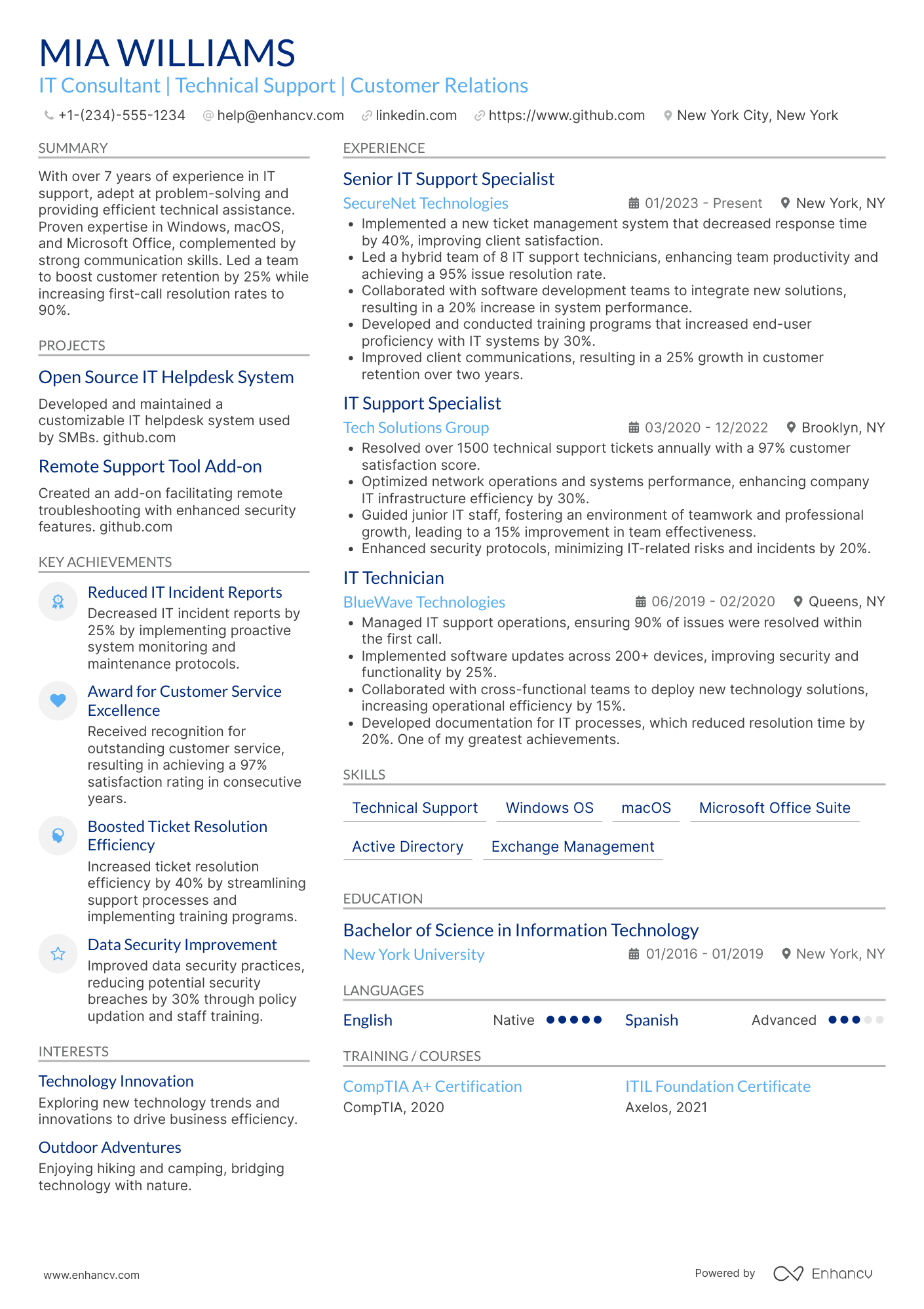 A resume example of a IT Support Officer