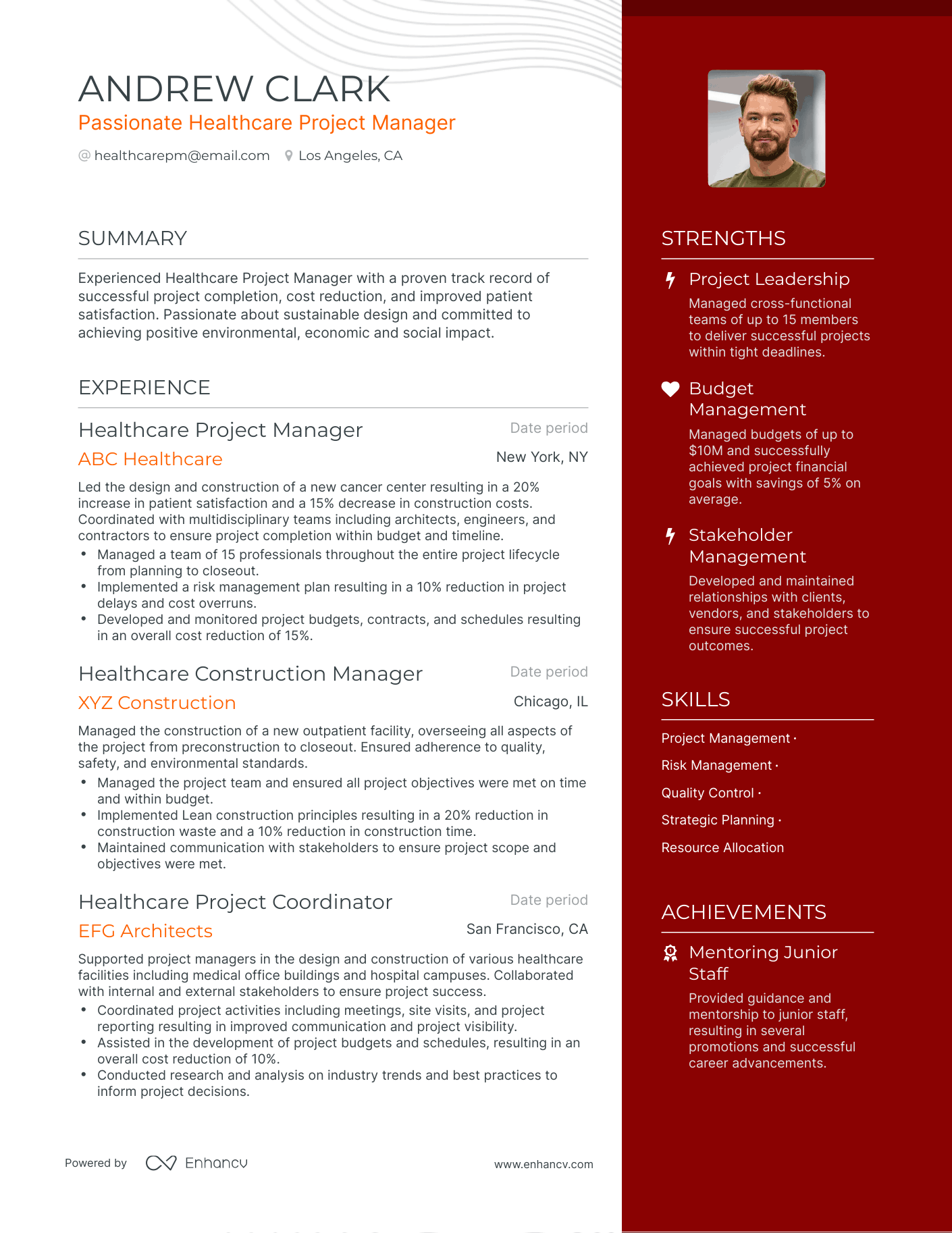 One Page Healthcare Project Manager Resume Template