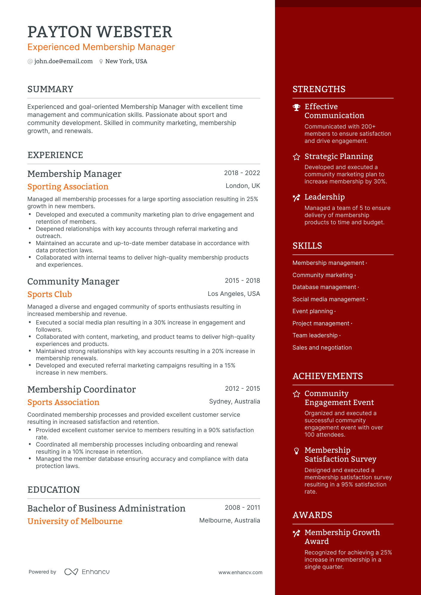 One Page Membership Manager Resume Template