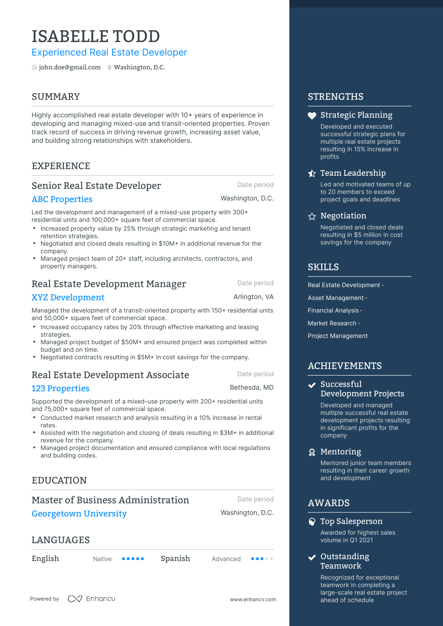 One Page Real Estate Developer Resume Template