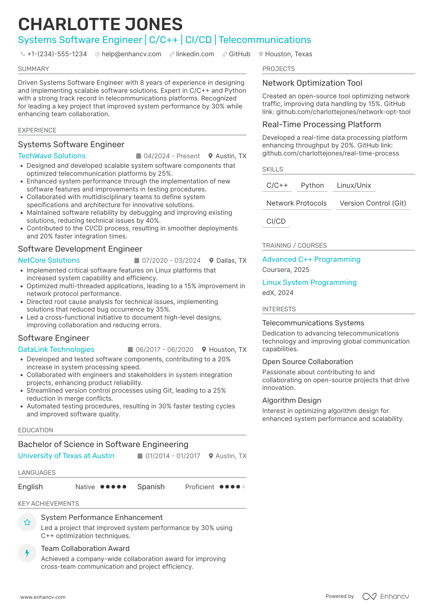 A resume example of a Systems Software Engineer