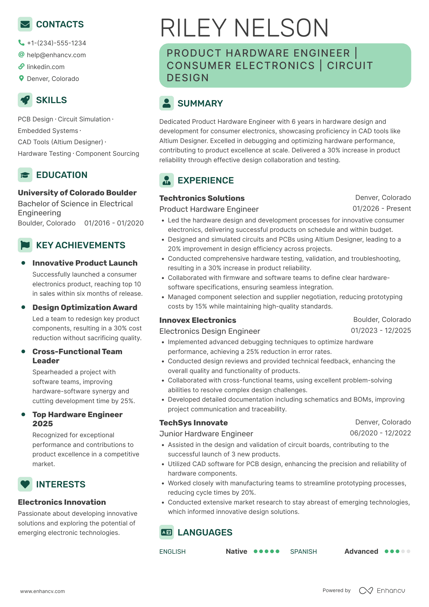 A resume example of a Product Hardware Engineer
