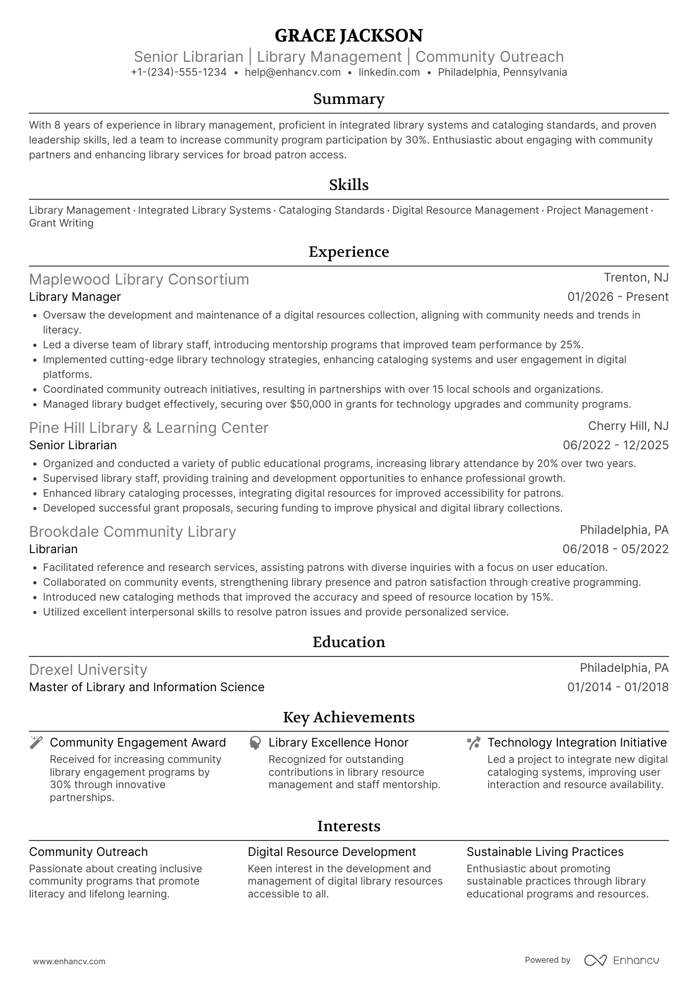 A resume example of a Senior Librarian