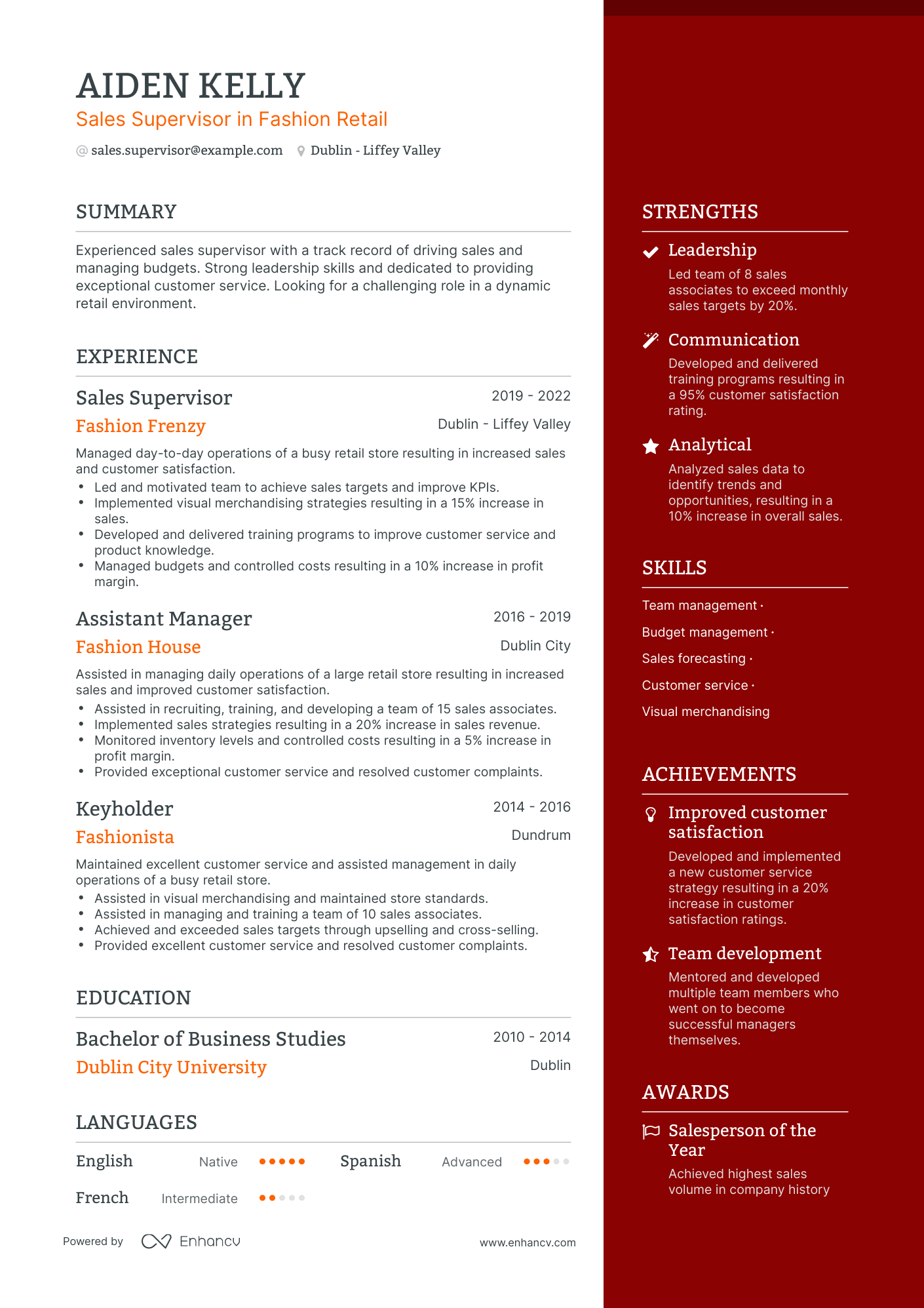 One Page Sales Supervisor Resume Template