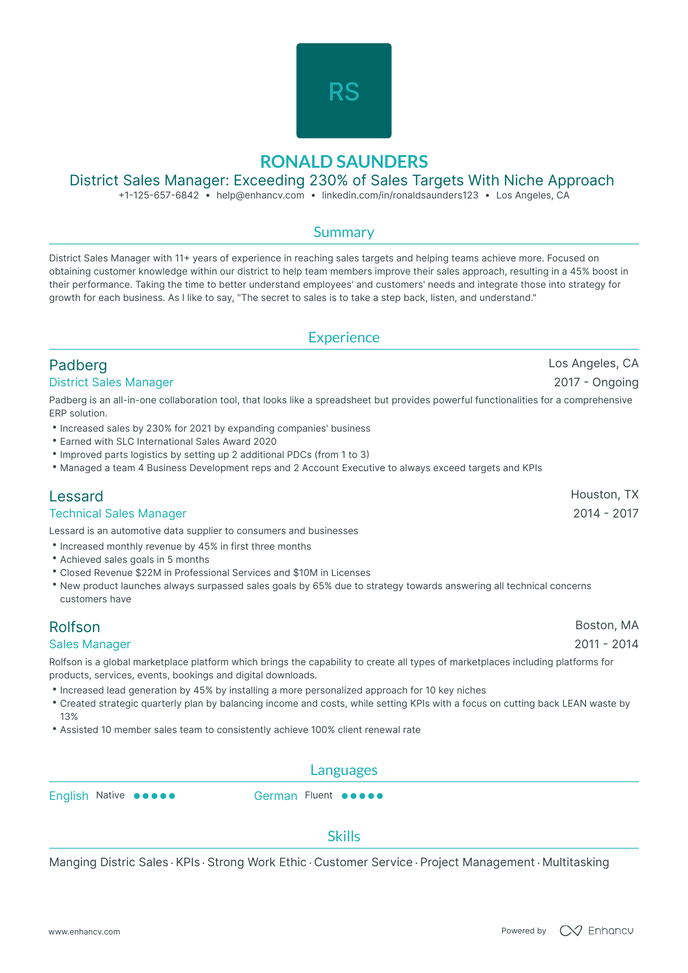 Traditional District Sales Manager Resume Template
