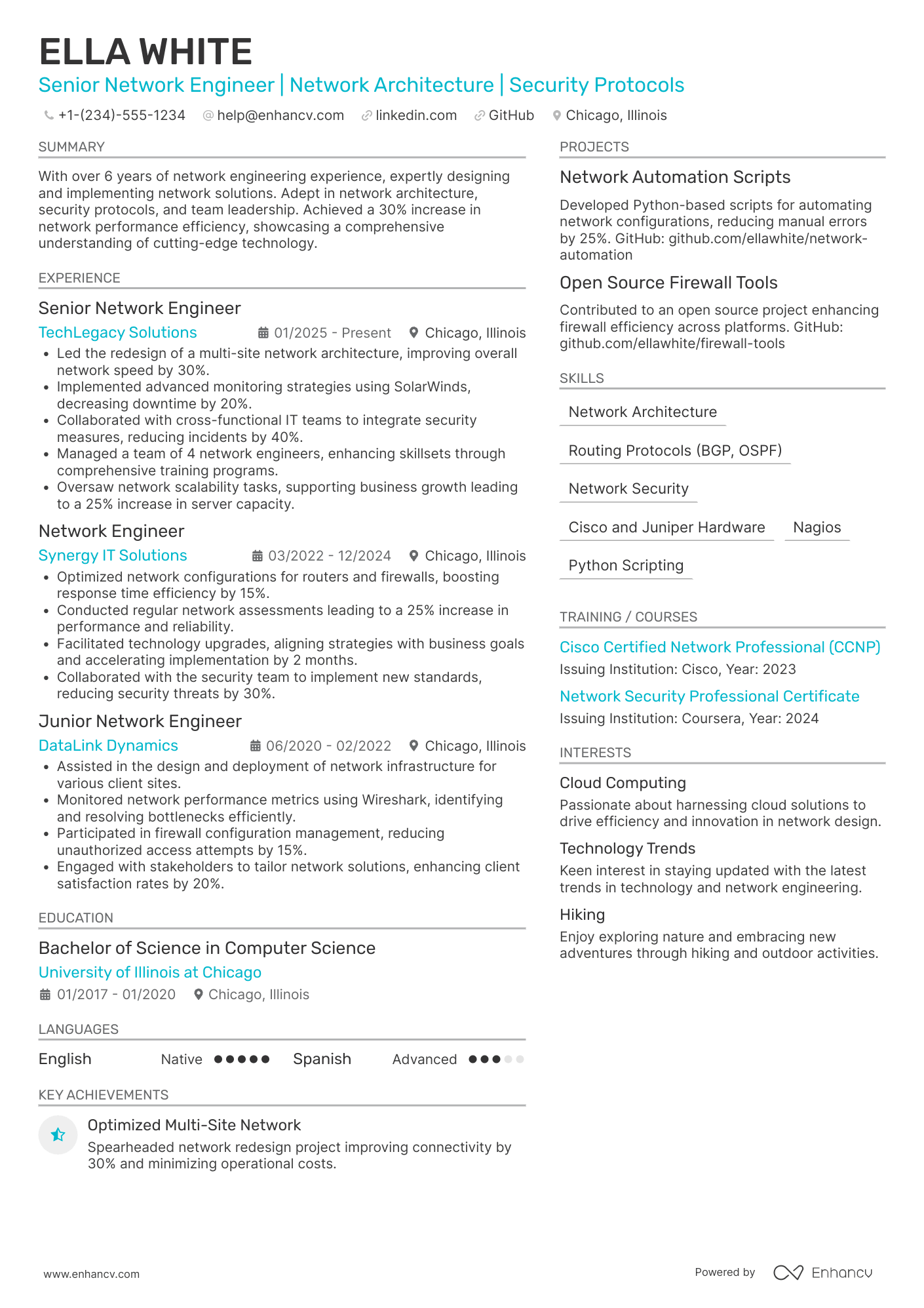 A resume example of a Senior Network Engineer