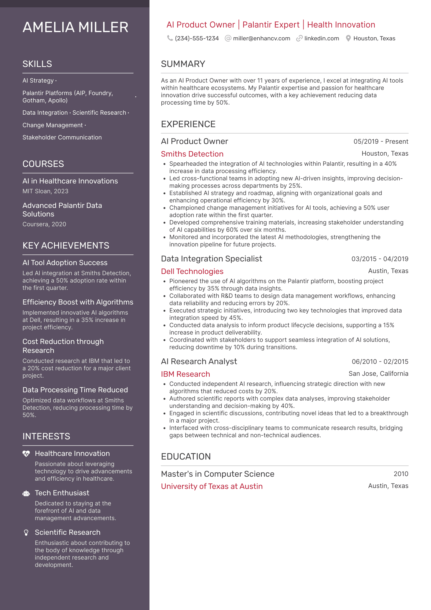 A resume example of a AI Product Owner