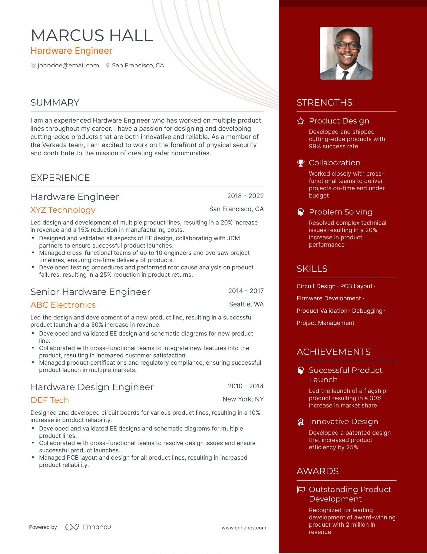 One Page Hardware Engineer Resume Template