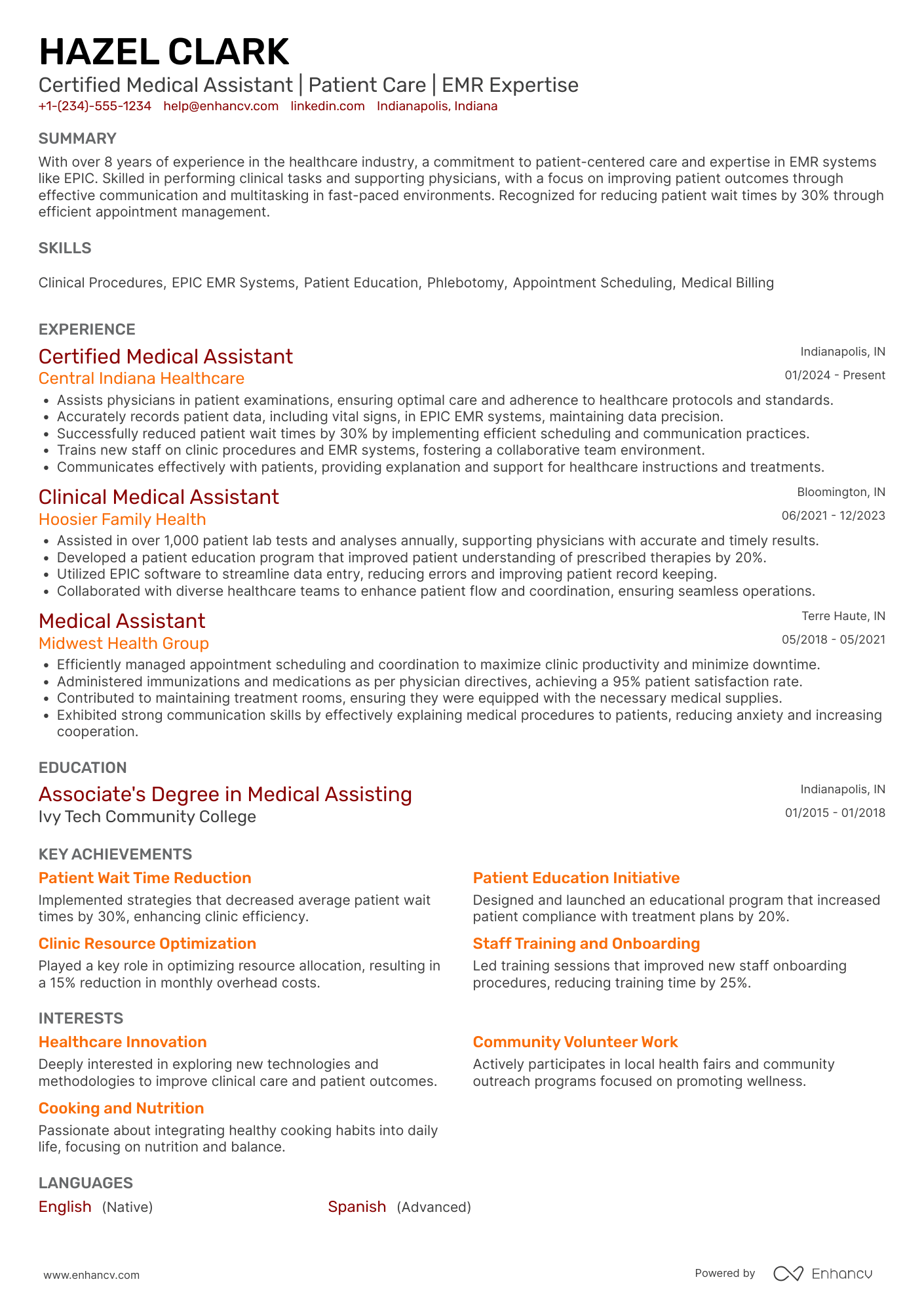 A resume example of a Certified Medical Assistant