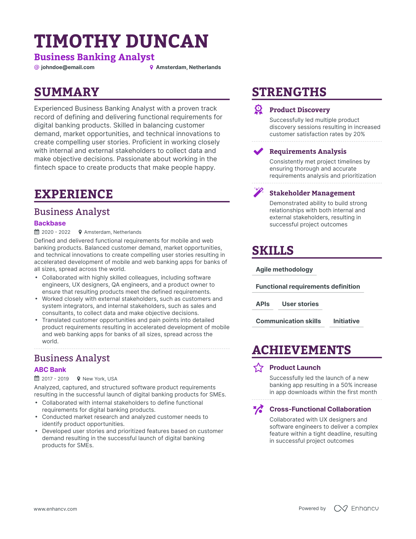 Simple Banking Business Analyst Resume Template