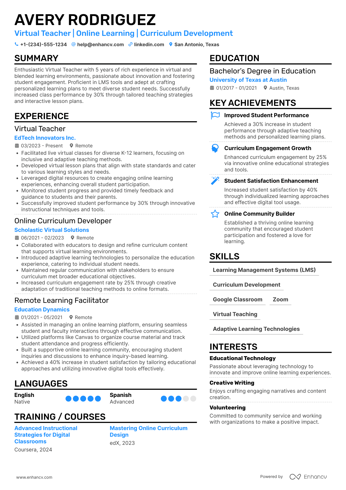 A resume example of a Virtual Teacher