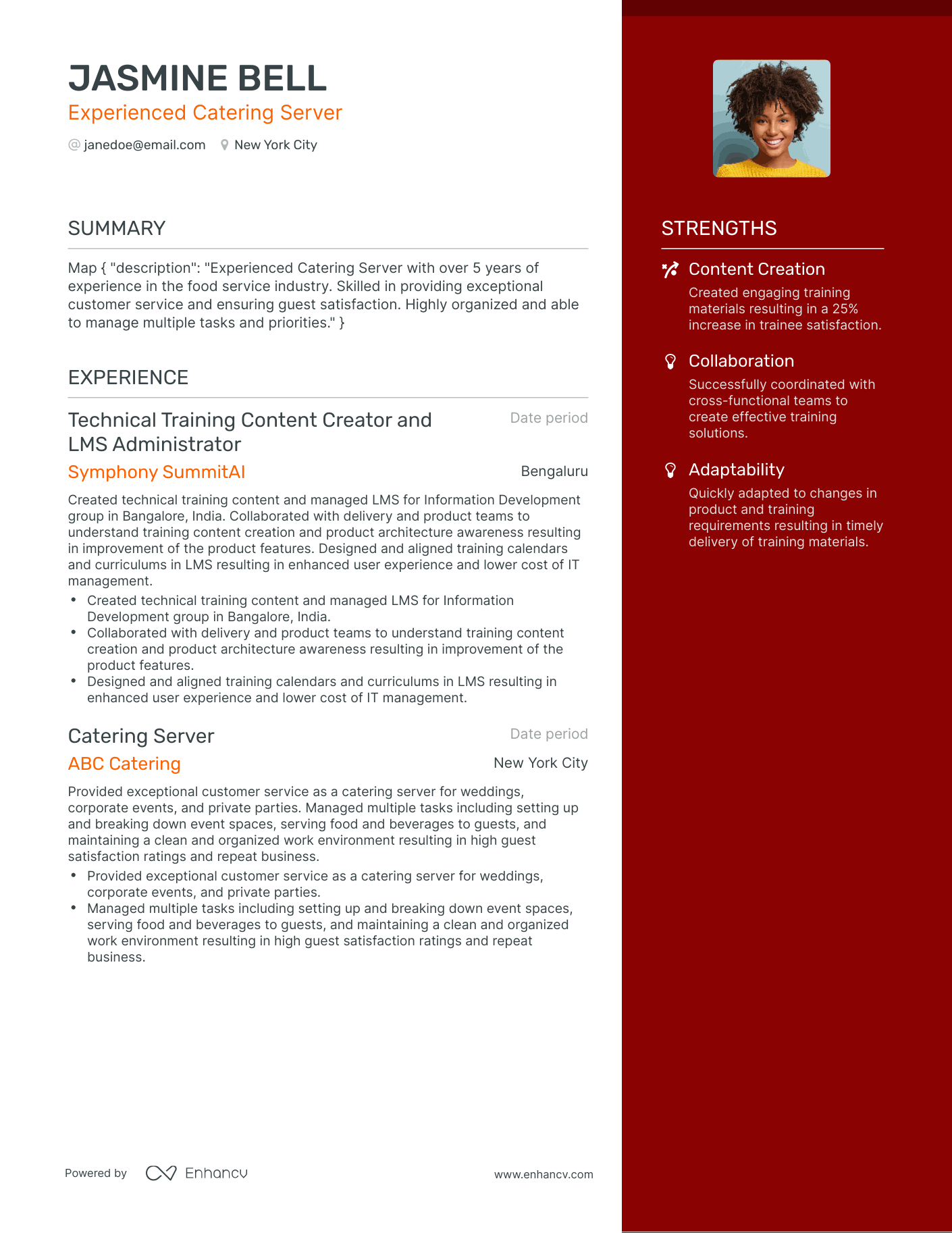 One Page Catering Server Resume Template