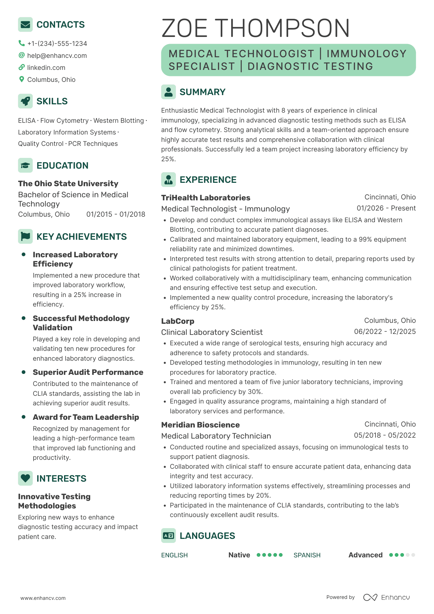 A resume example of a Medical Technologist Immunology