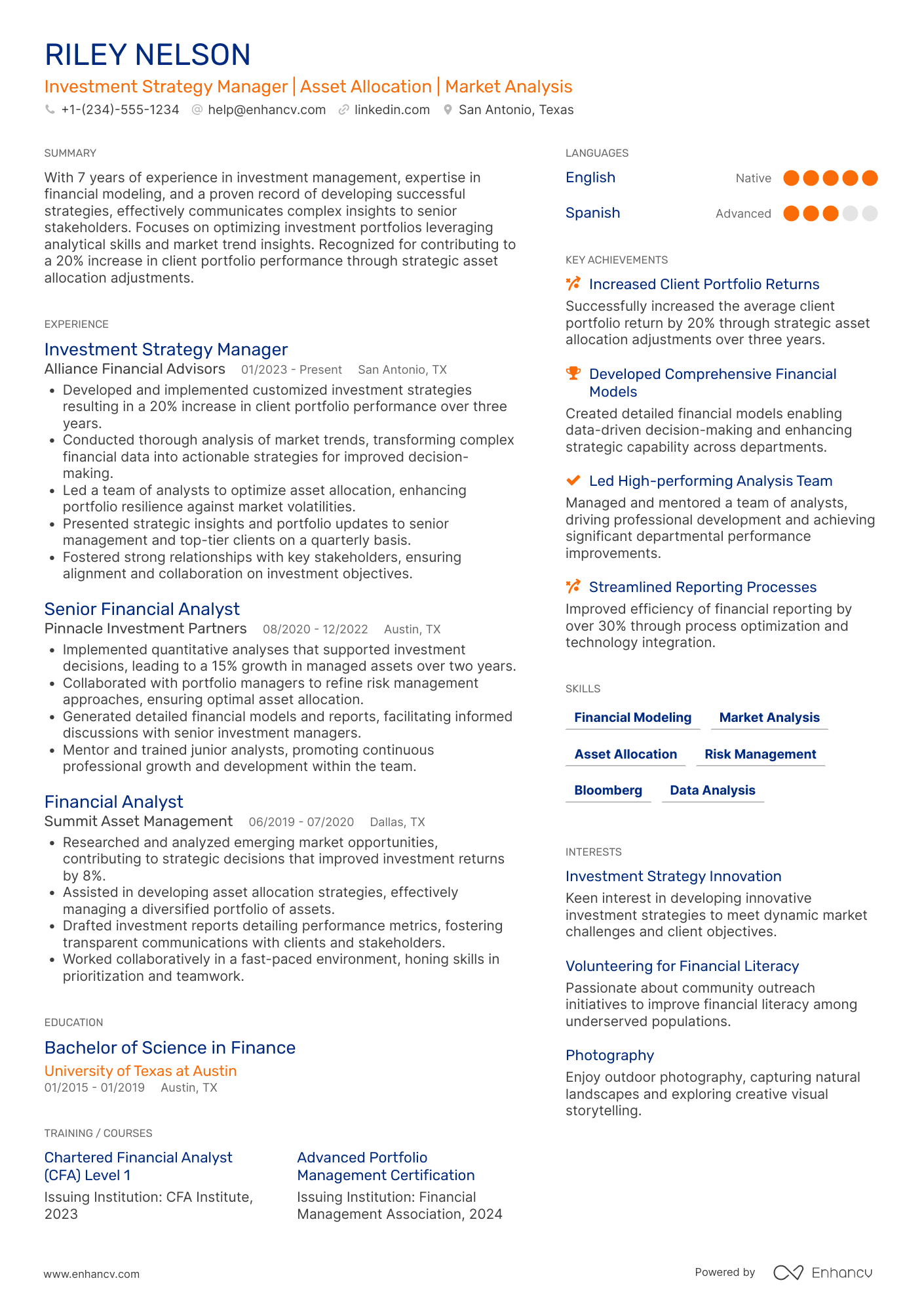 A resume example of a Investment Strategy Manager
