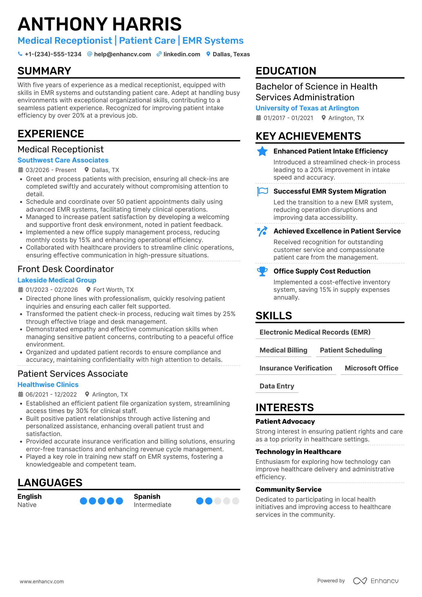 A resume example of a Full Time Medical Receptionist