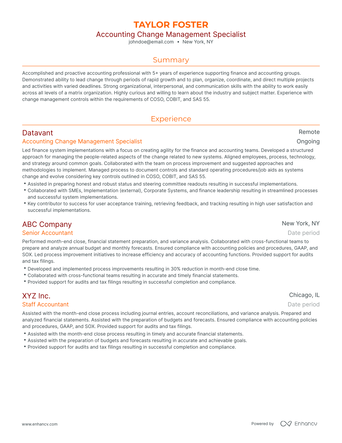 Traditional Management Accounting Resume Template