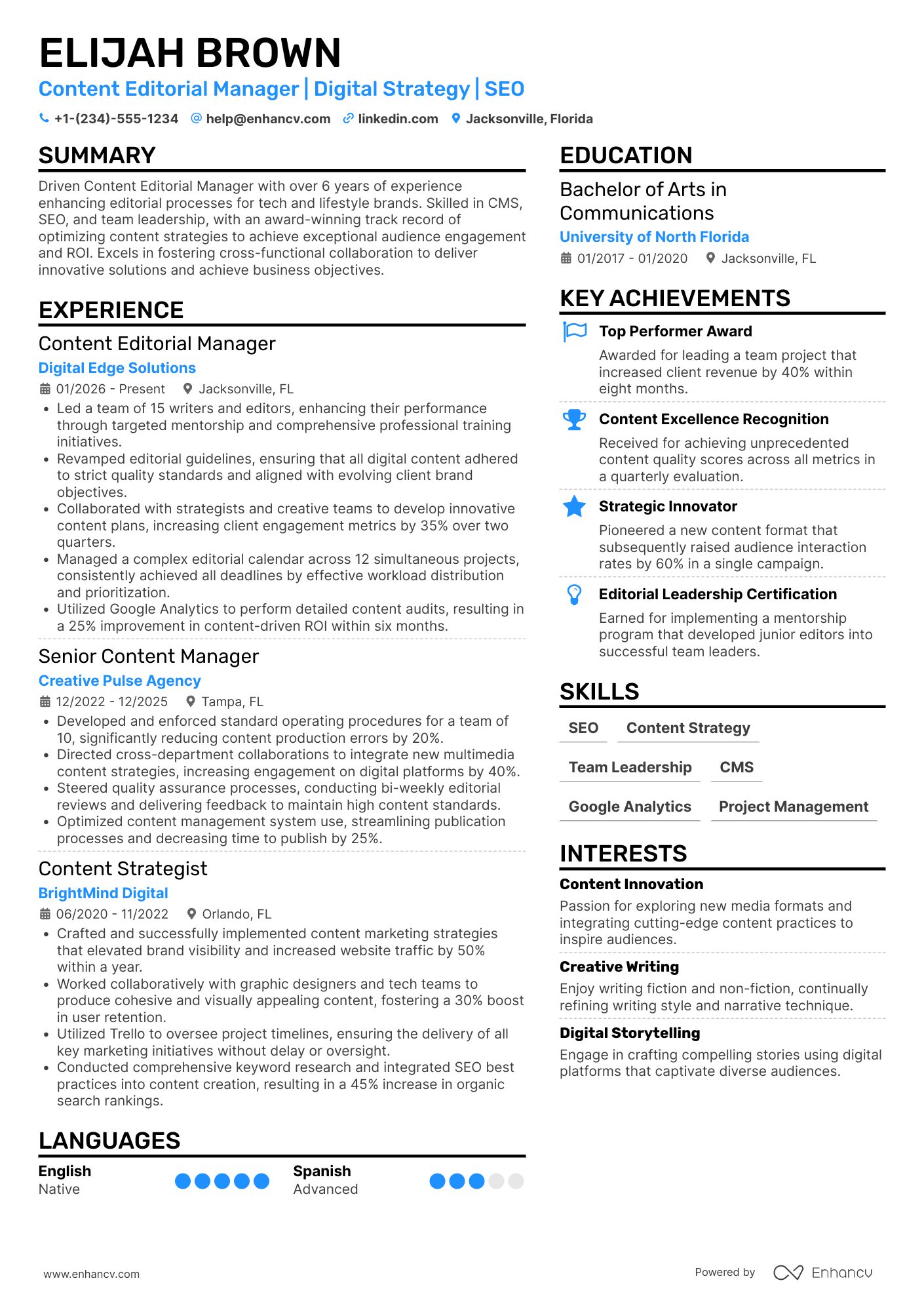A resume example of a Content Editorial Manager
