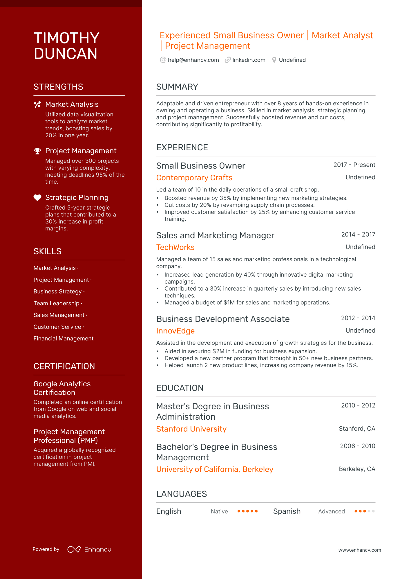 resume example small business owner