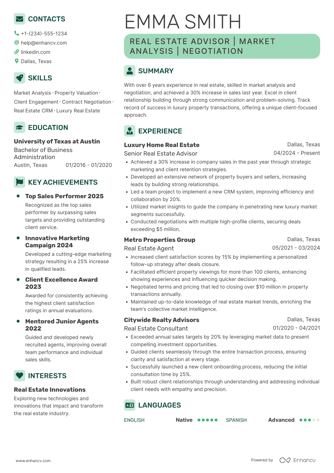 A resume example of a Realtor Advisor