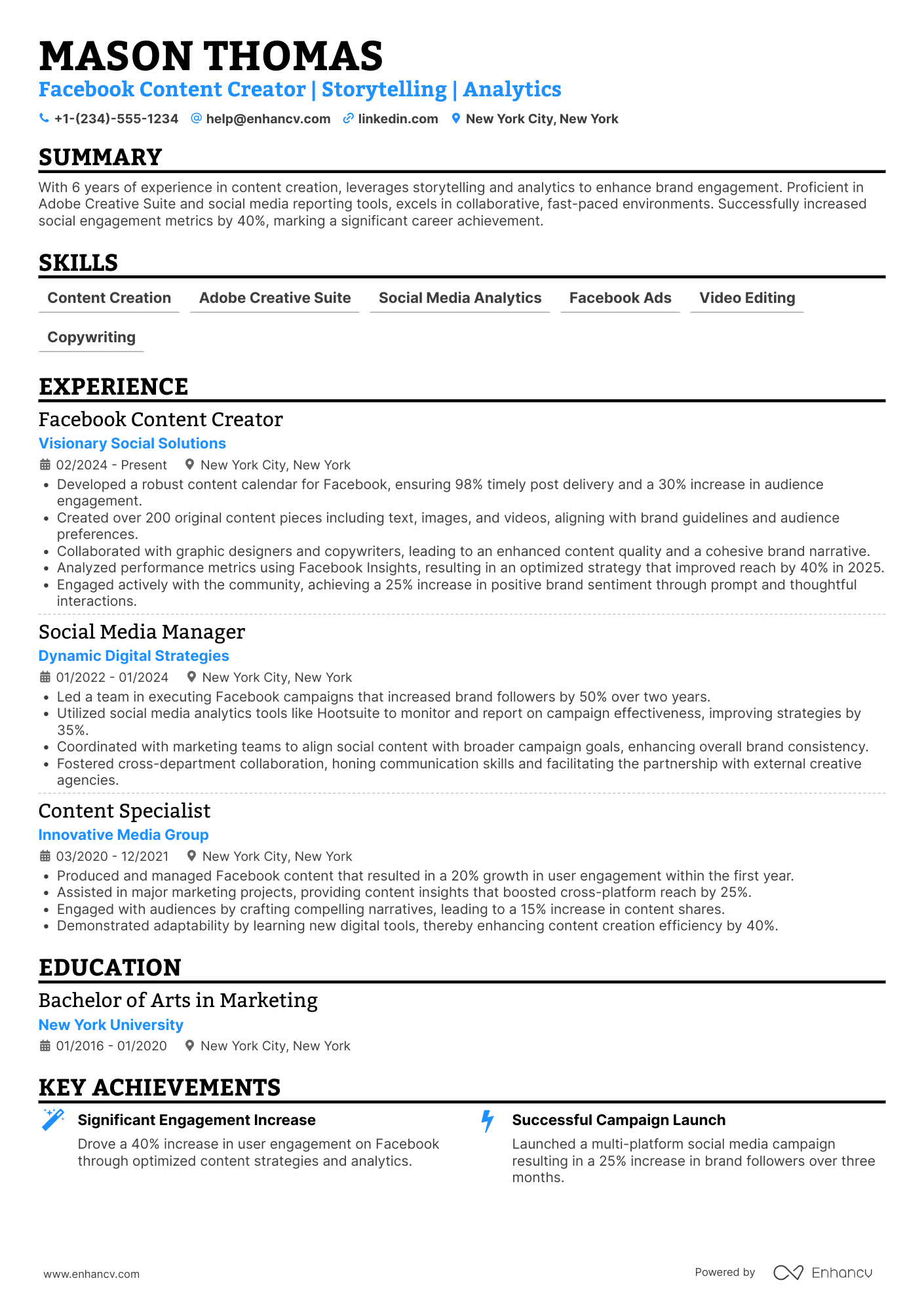 A resume example of a Facebook Content Creator