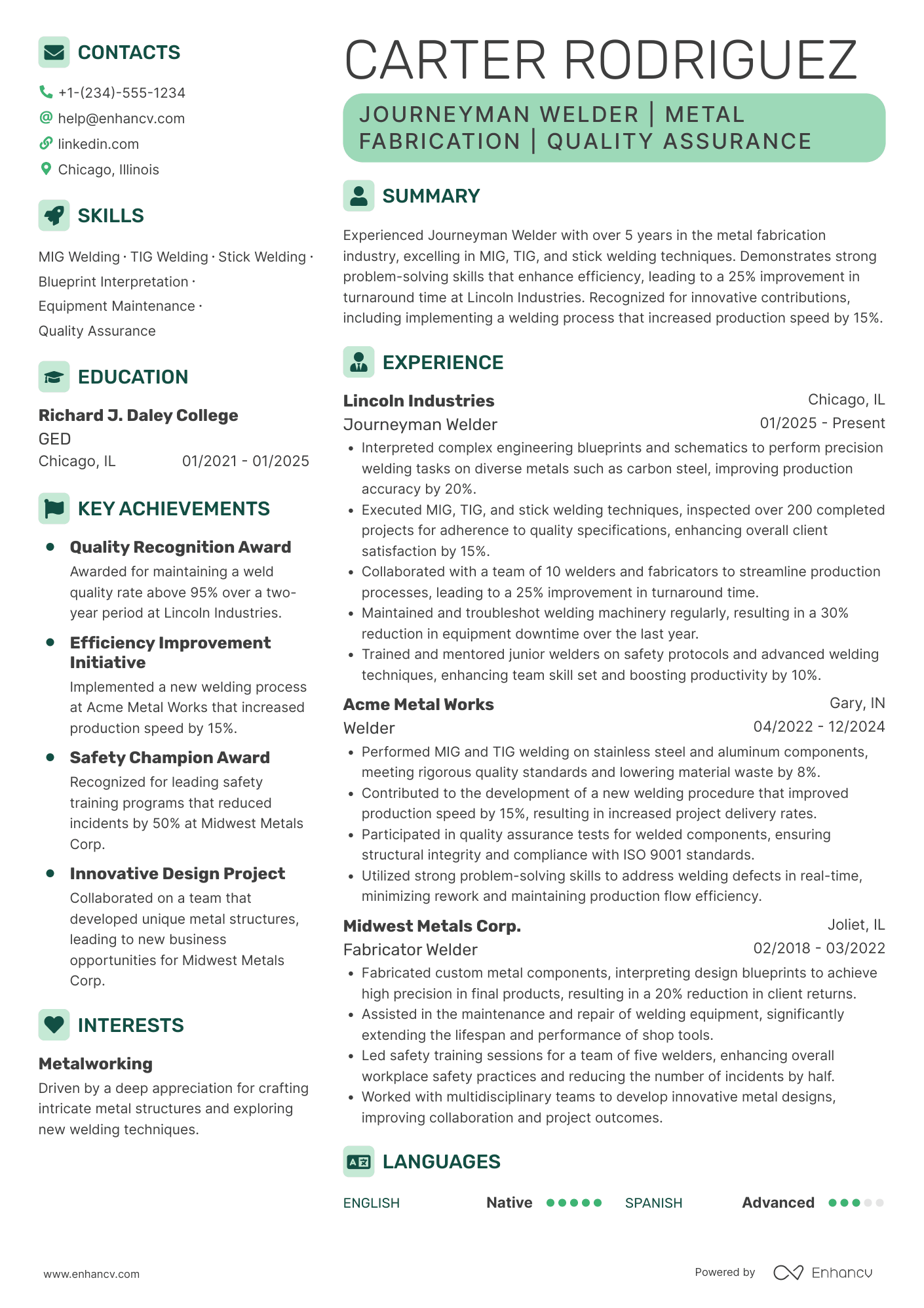 A resume example of a Journeyman Welder
