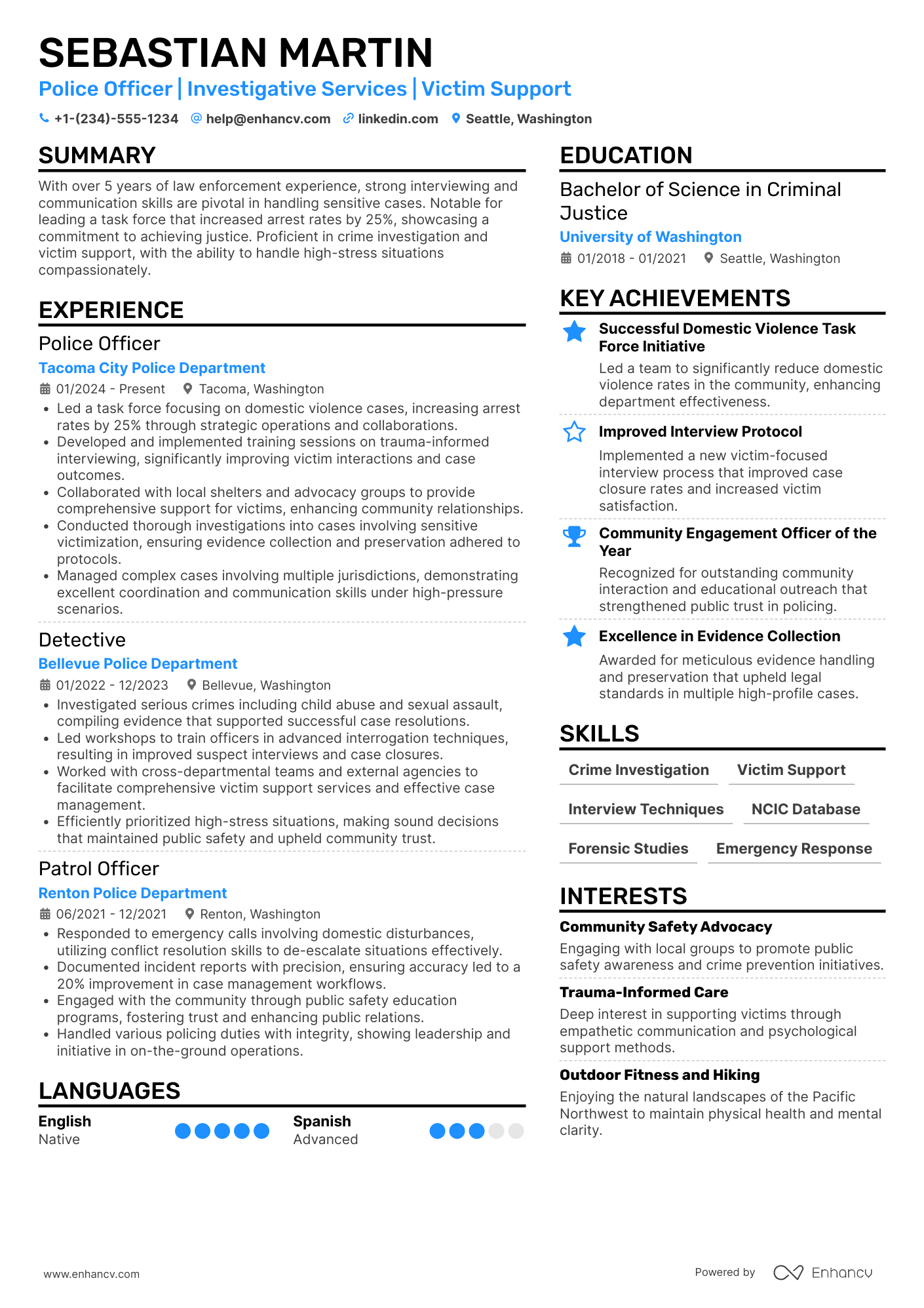 A resume example of a Special Victims Unit Police Officer