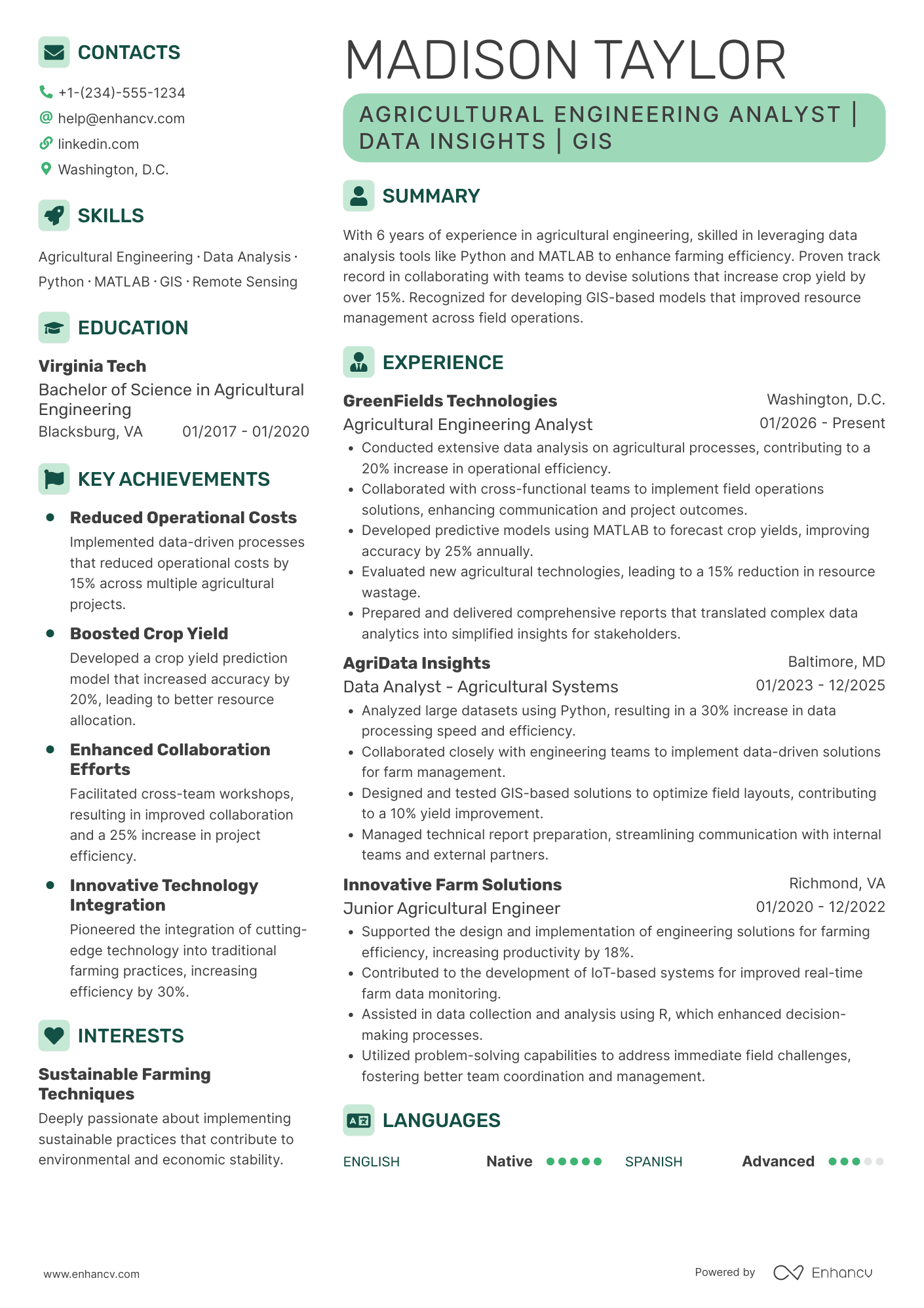 A resume example of a Mid Level Agricultural Engineering Analyst