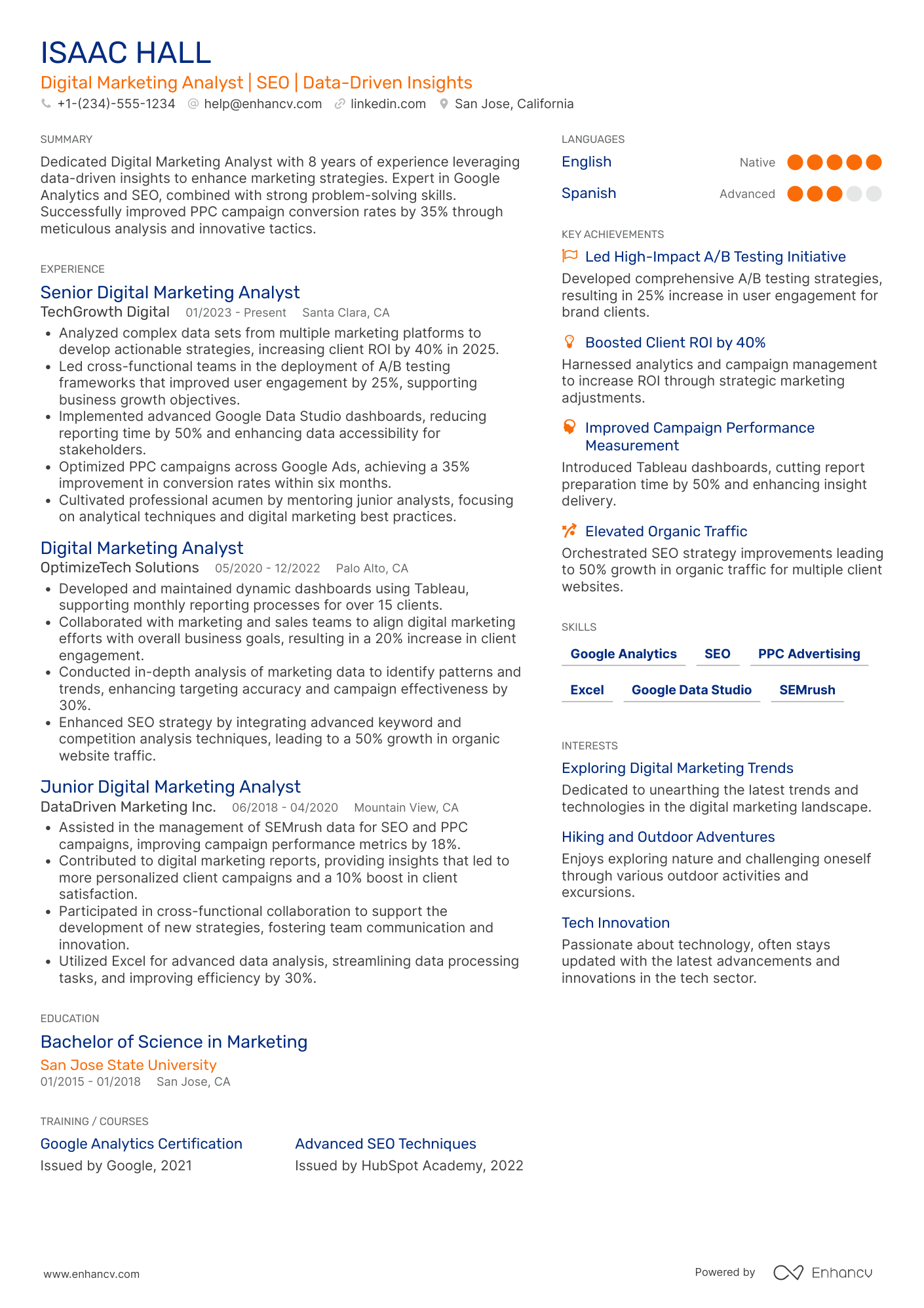A resume example of a Digital Marketing Analyst