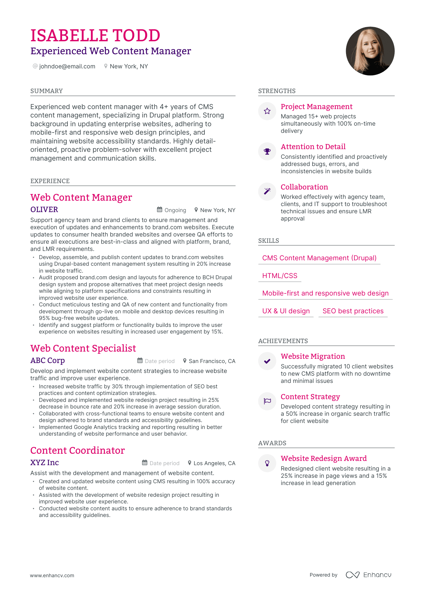Modern Web Content Manager Resume Template