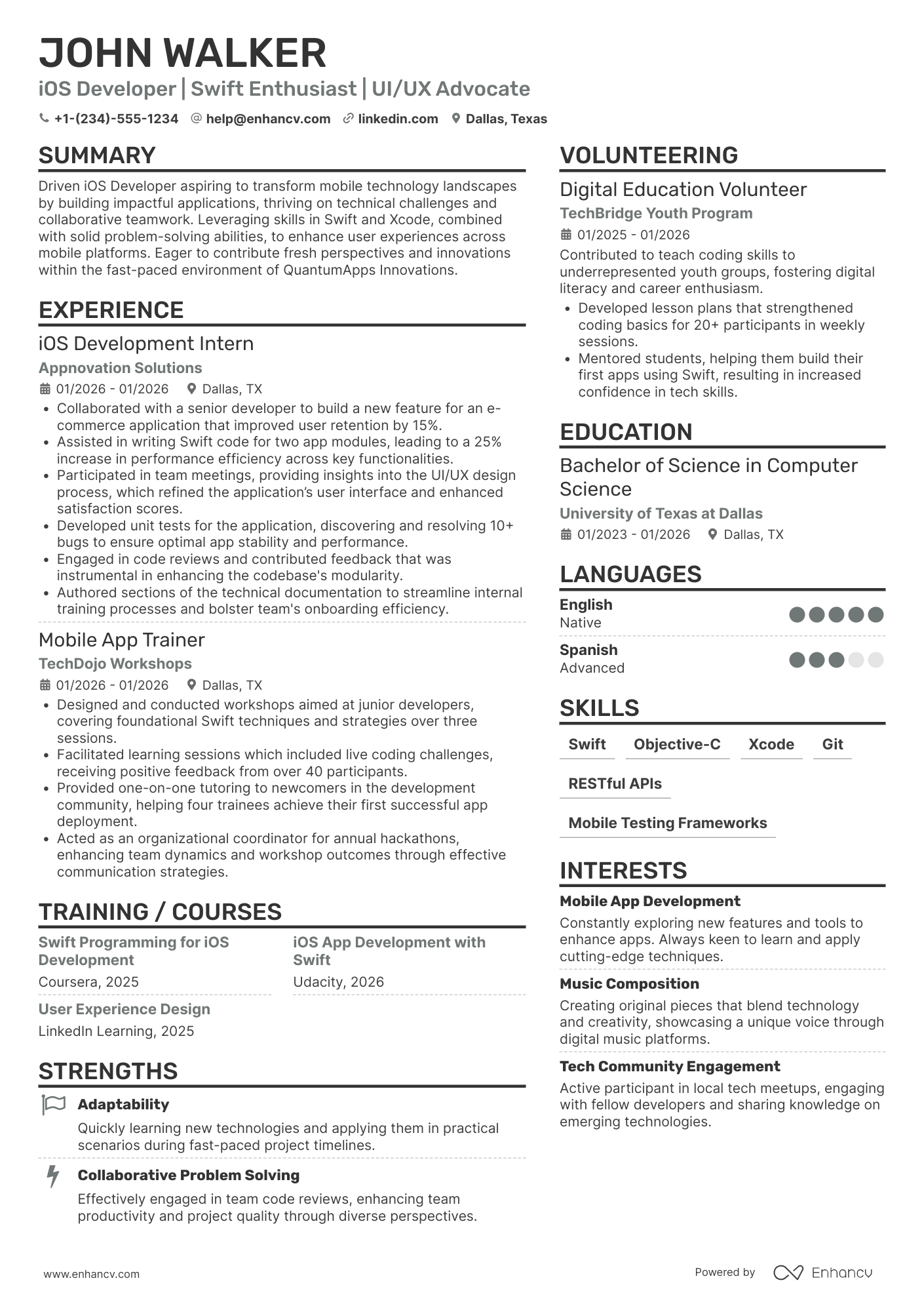 A resume example of a iOS Developer, Entry Level