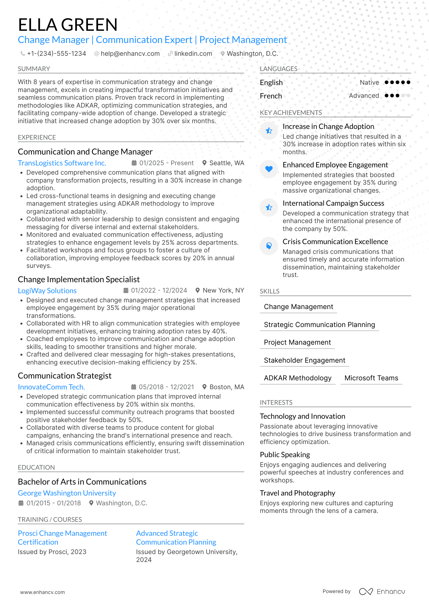 A resume example of a Communication and Change Manager