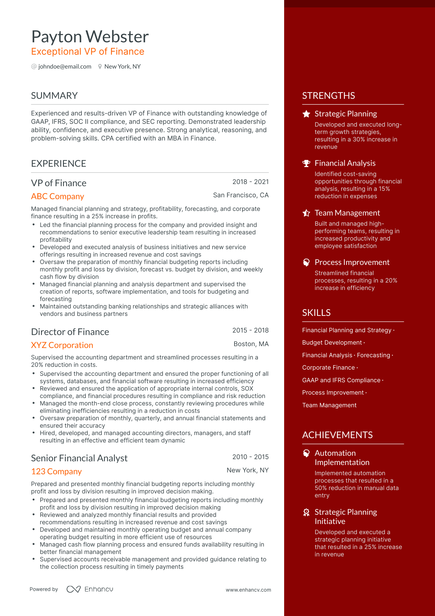 One Page VP of Finance Resume Template