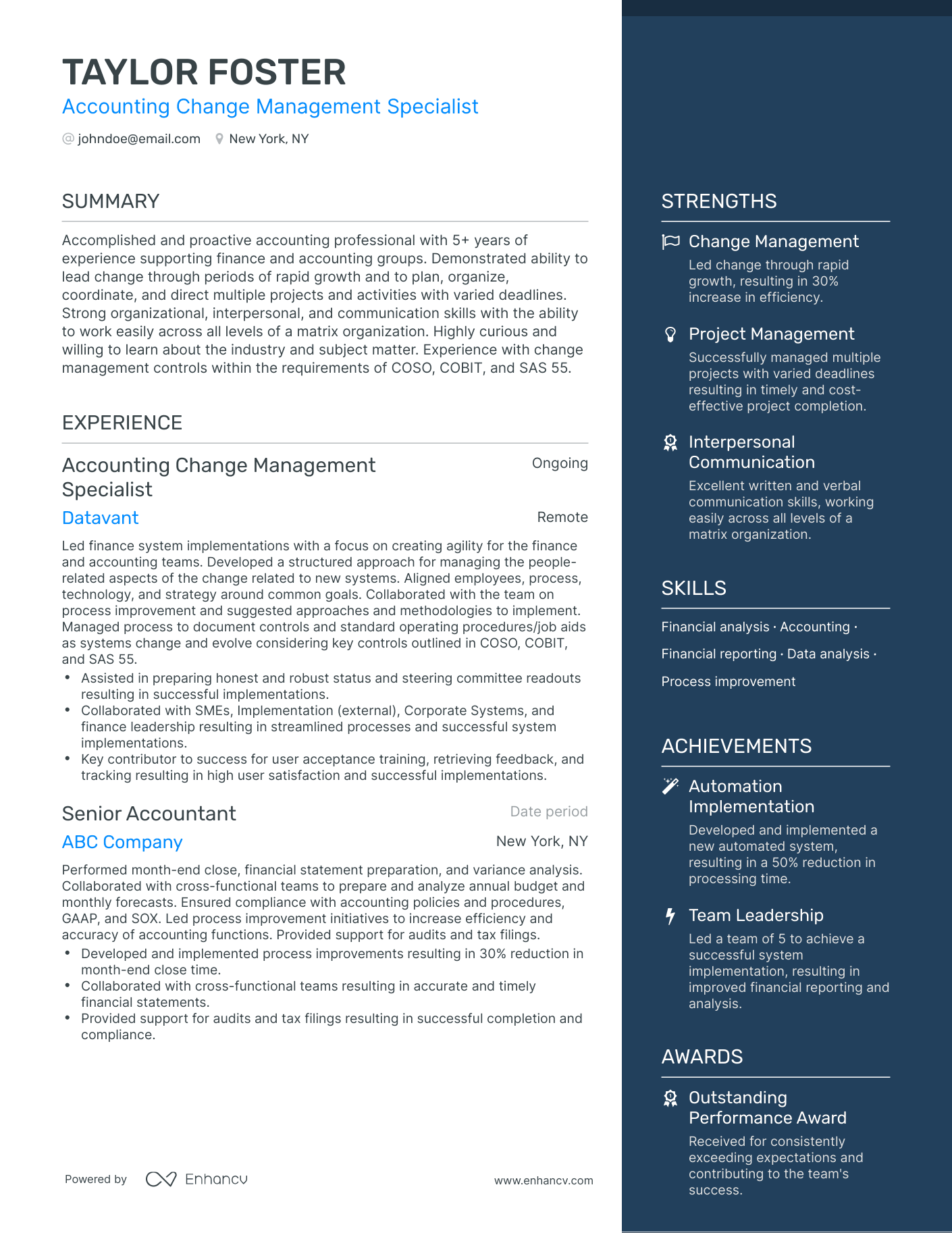 One Page Management Accounting Resume Template